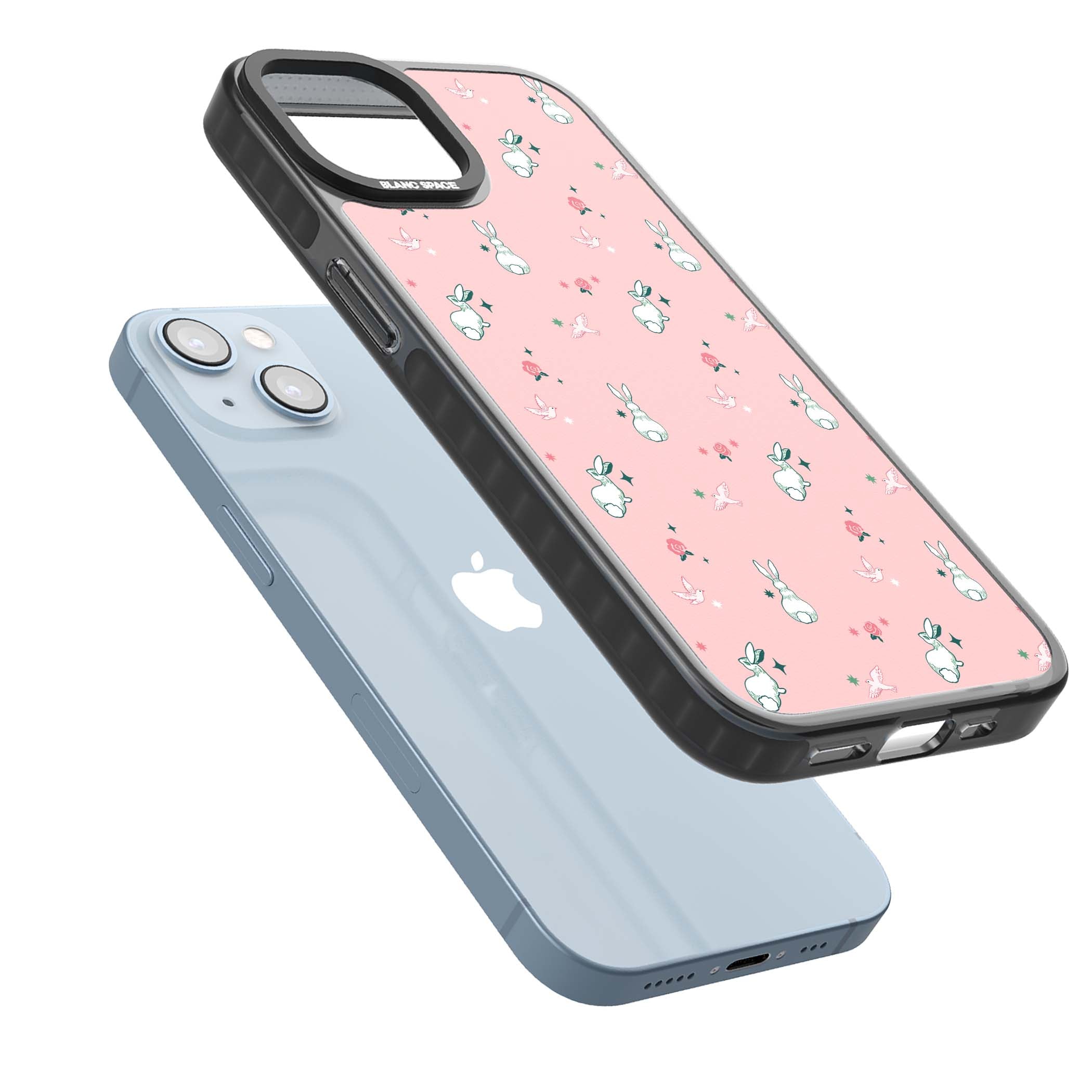 Bunny Garden kawaii iPhone case featuring white rabbits, pink roses, doves and stars on pink background | Black Impact case for iPhone 13, iPhone 14, iPhone 15