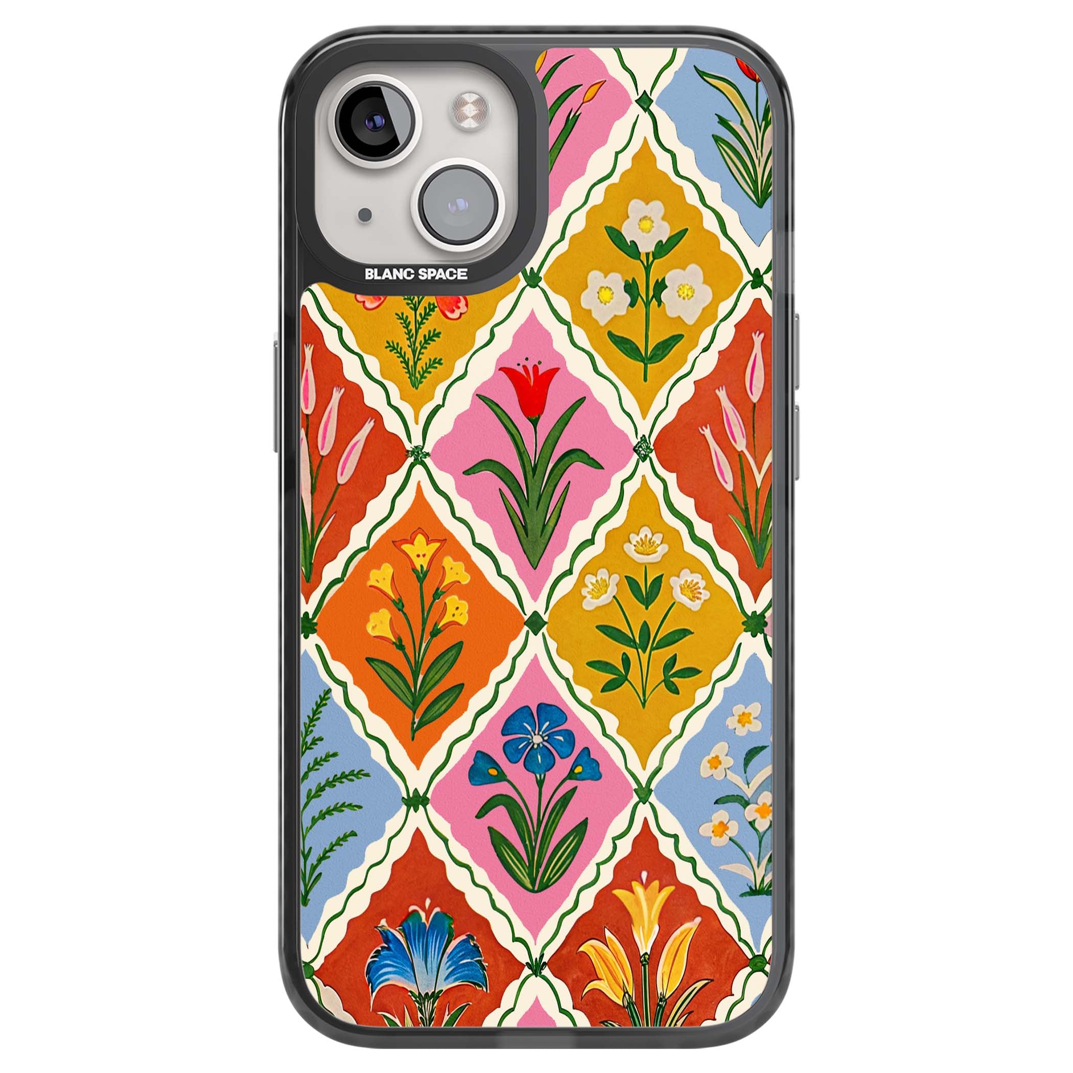 Floral Quilt boho floral iPhone case featuring diamond lattice pattern, hand-painted tulips and folk art wildflowers | Black Impact case for iPhone 13, iPhone 14, iPhone 15