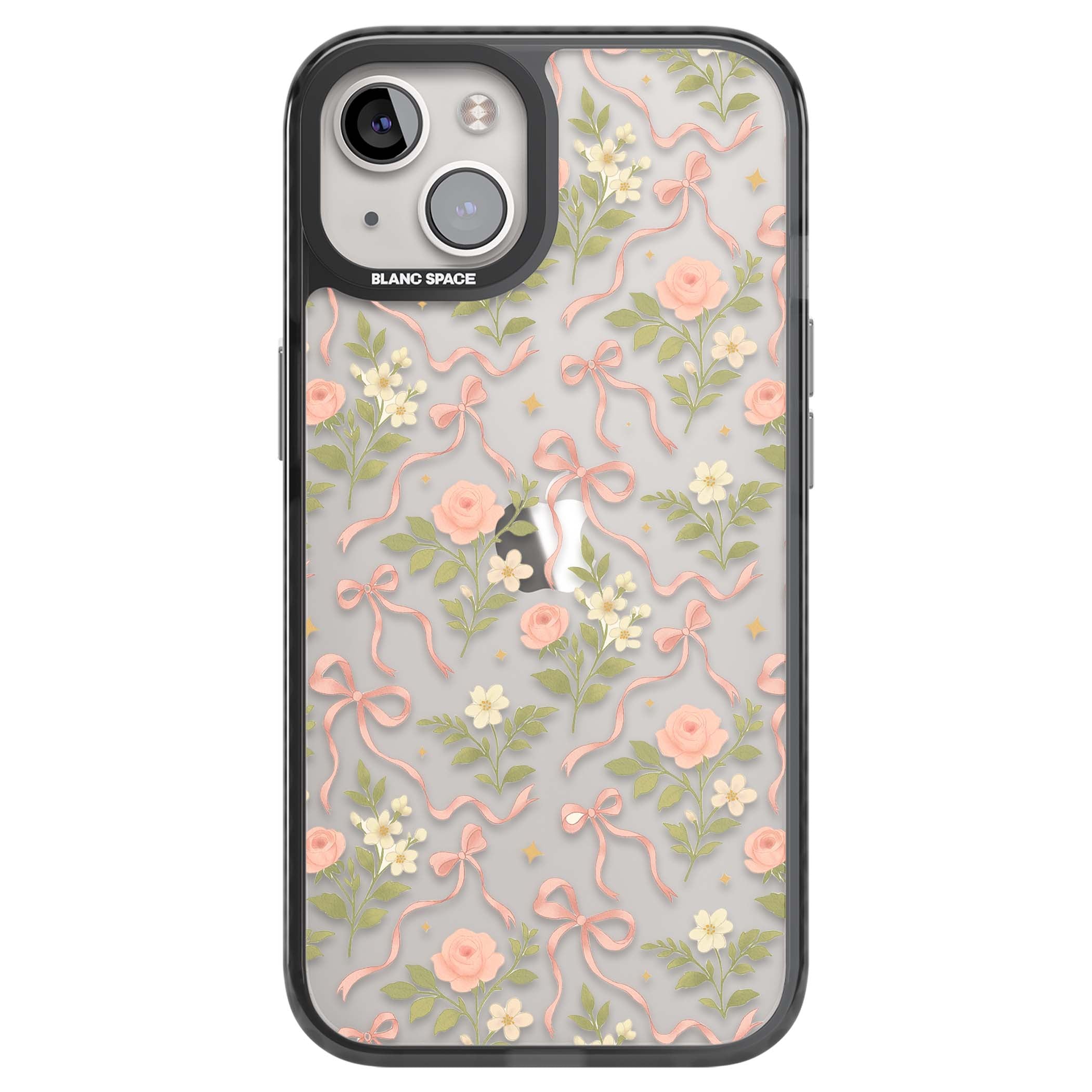 Ribbon Garden coquette iPhone case featuring pink bows, peach roses and wildflowers on white background | Black Impact case for iPhone 13, iPhone 14, iPhone 15