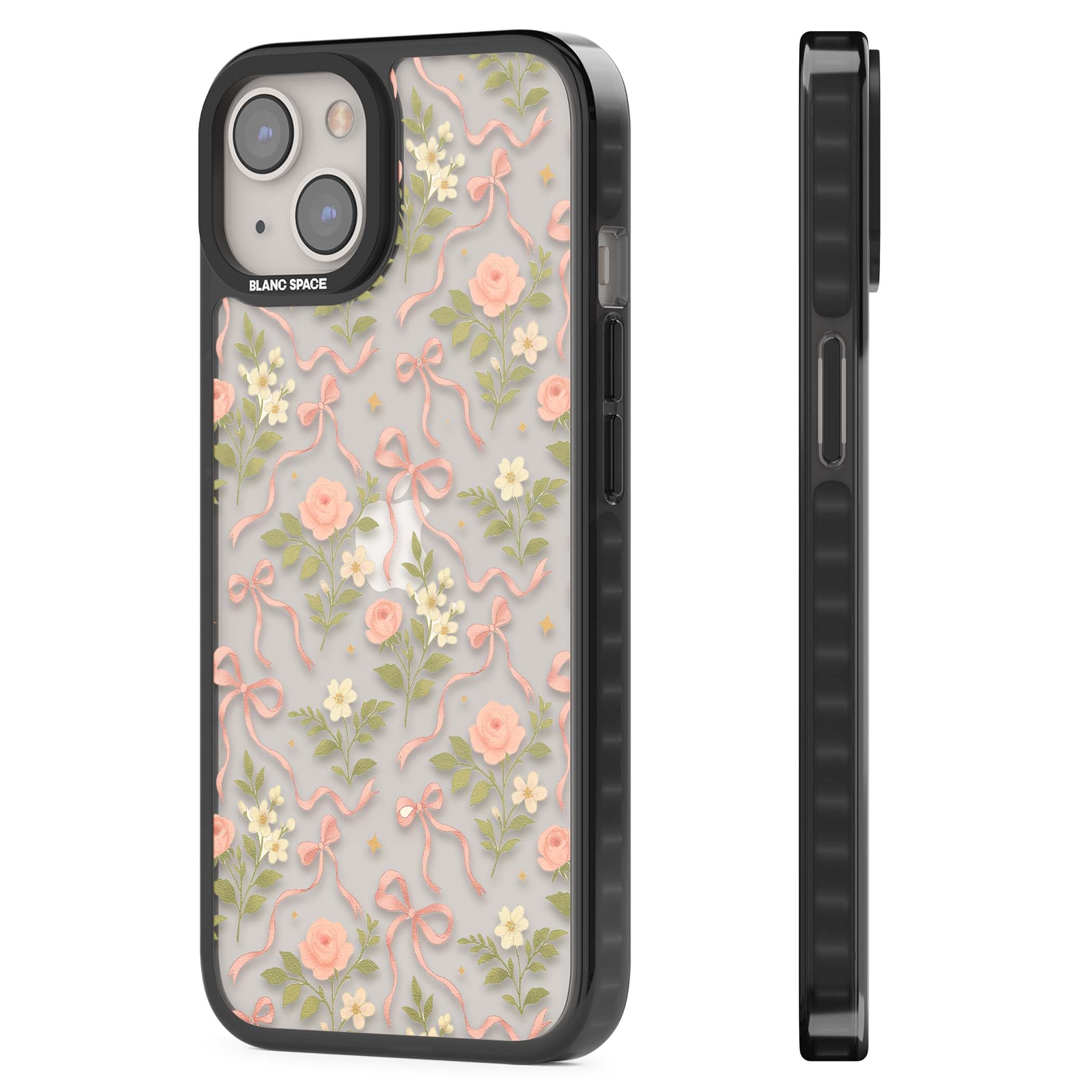 Ribbon Garden coquette iPhone case featuring pink bows, peach roses and wildflowers on white background | Black Impact case for iPhone 13, iPhone 14, iPhone 15