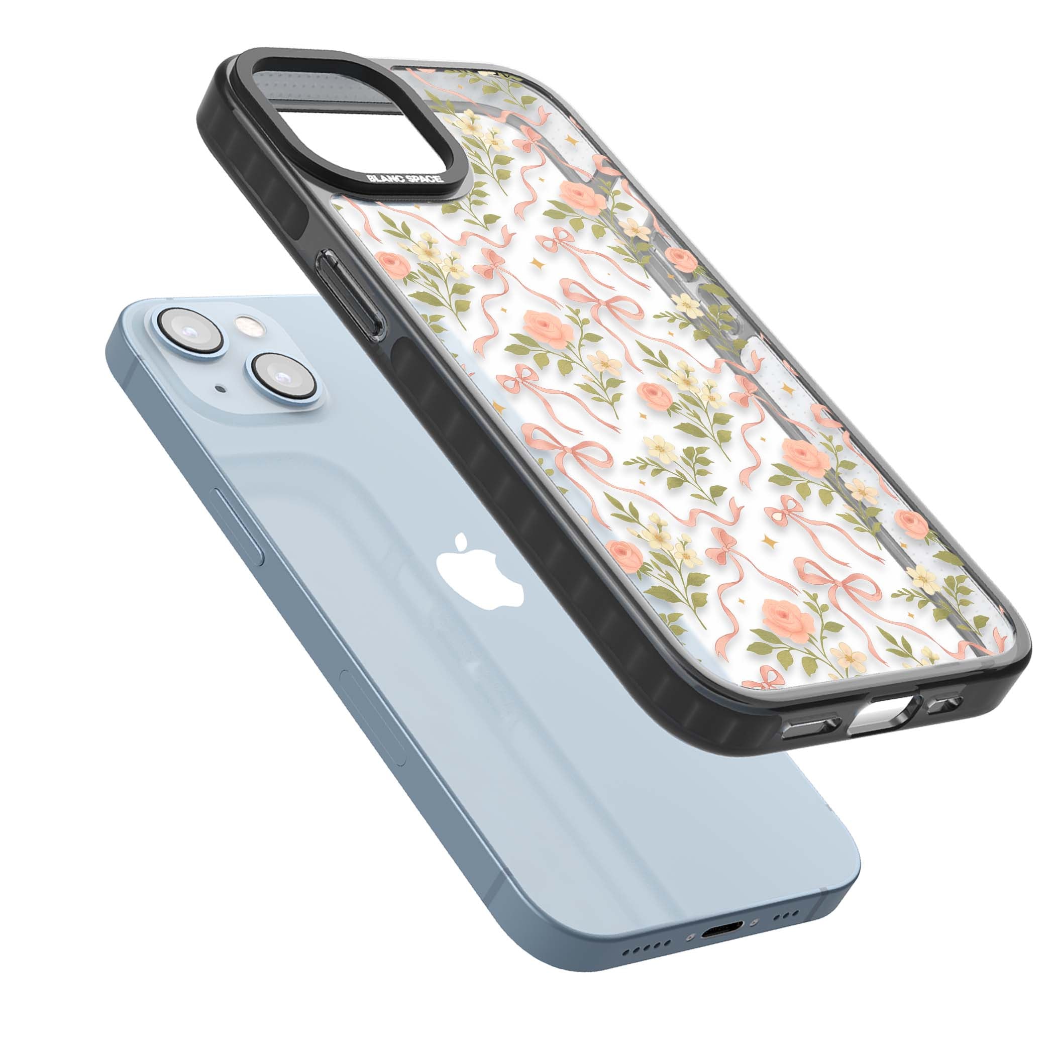 Ribbon Garden coquette iPhone case featuring pink bows, peach roses and wildflowers on white background | Black Impact case for iPhone 13, iPhone 14, iPhone 15