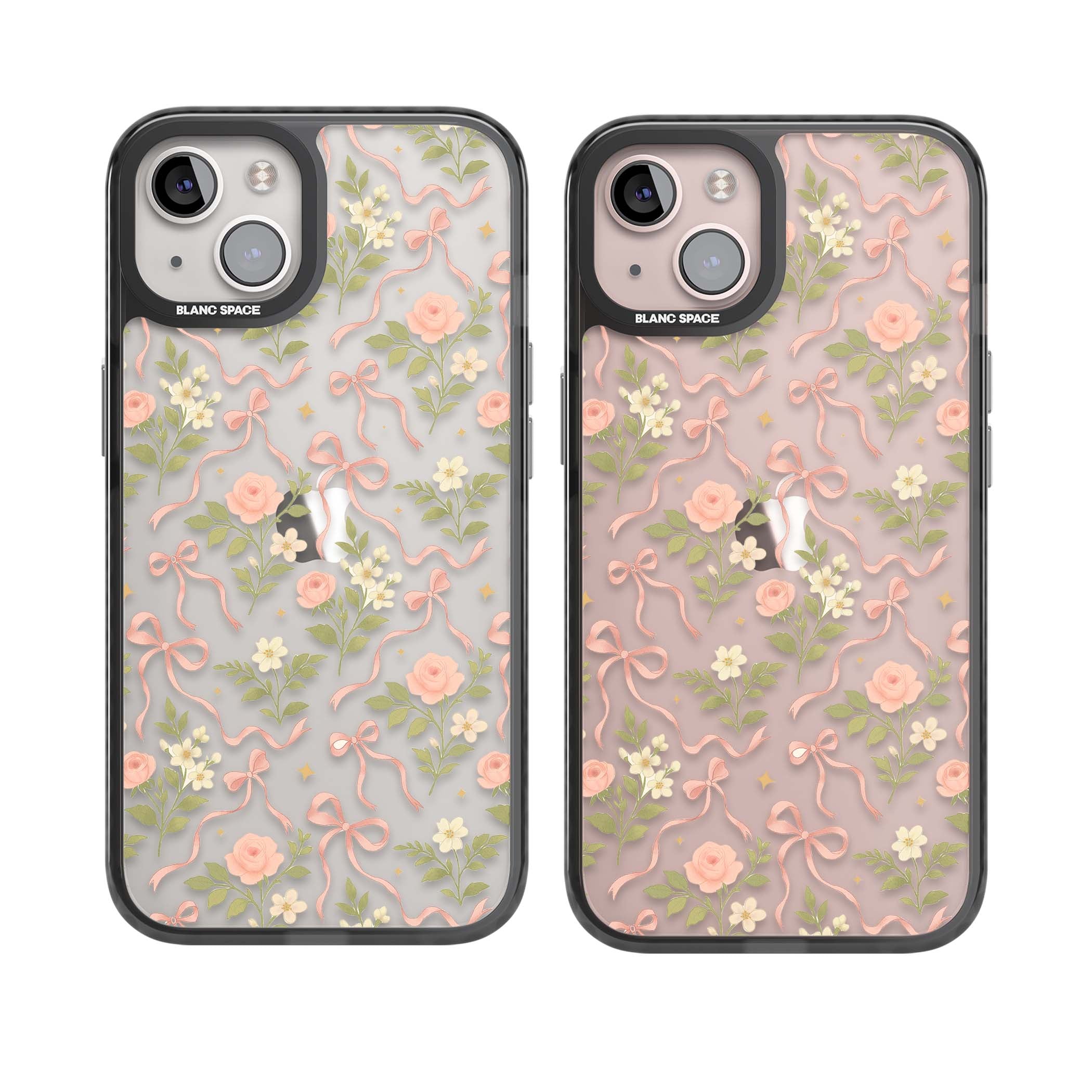 Ribbon Garden coquette iPhone case featuring pink bows, peach roses and wildflowers on white background | Black Impact case for iPhone 13, iPhone 14, iPhone 15