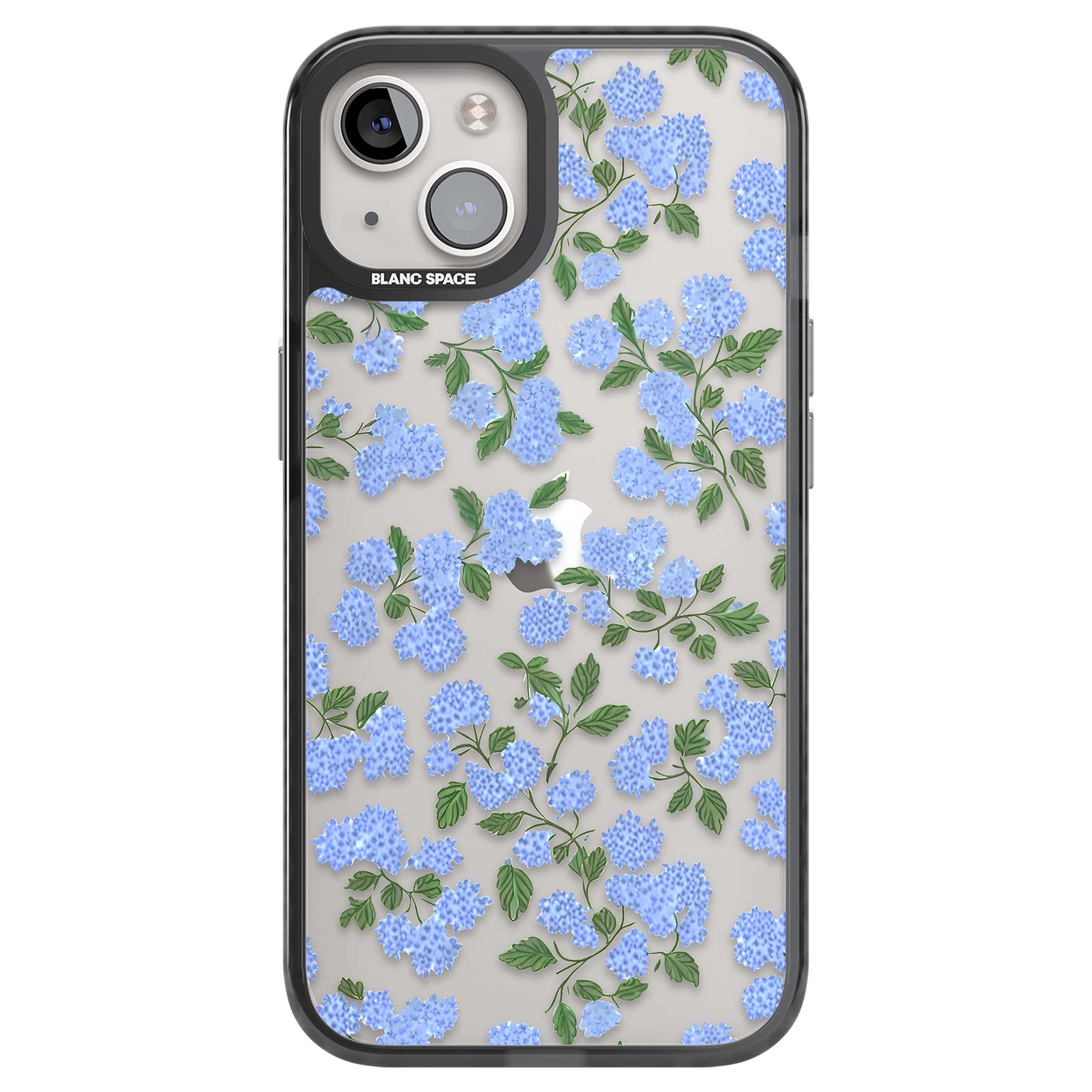Hydrangea Dreams cottagecore iPhone case featuring soft blue hydrangea flower clusters and green leaves | Black Impact case for iPhone 13, iPhone 14, iPhone 15
