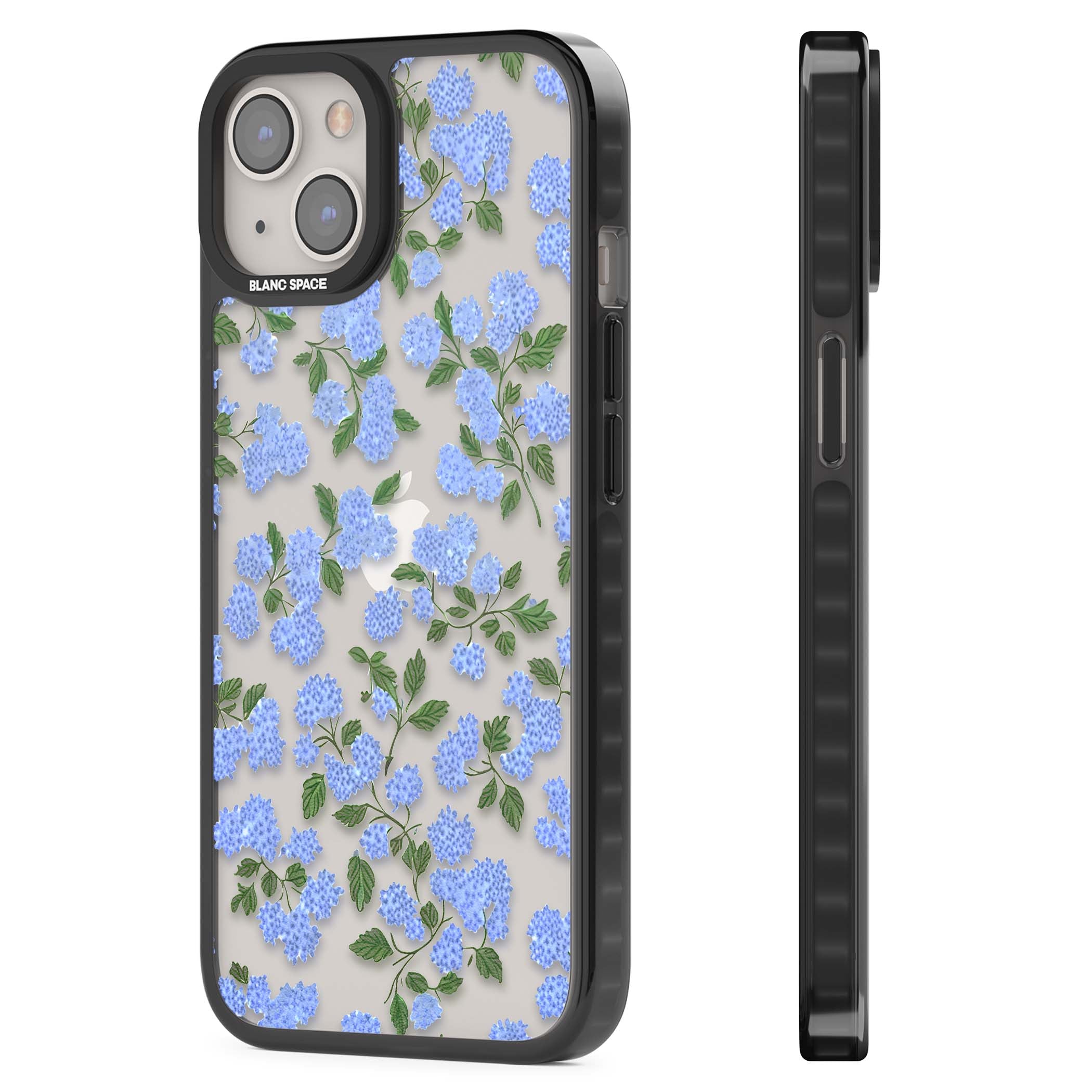 Hydrangea Dreams cottagecore iPhone case featuring soft blue hydrangea flower clusters and green leaves | Black Impact case for iPhone 13, iPhone 14, iPhone 15