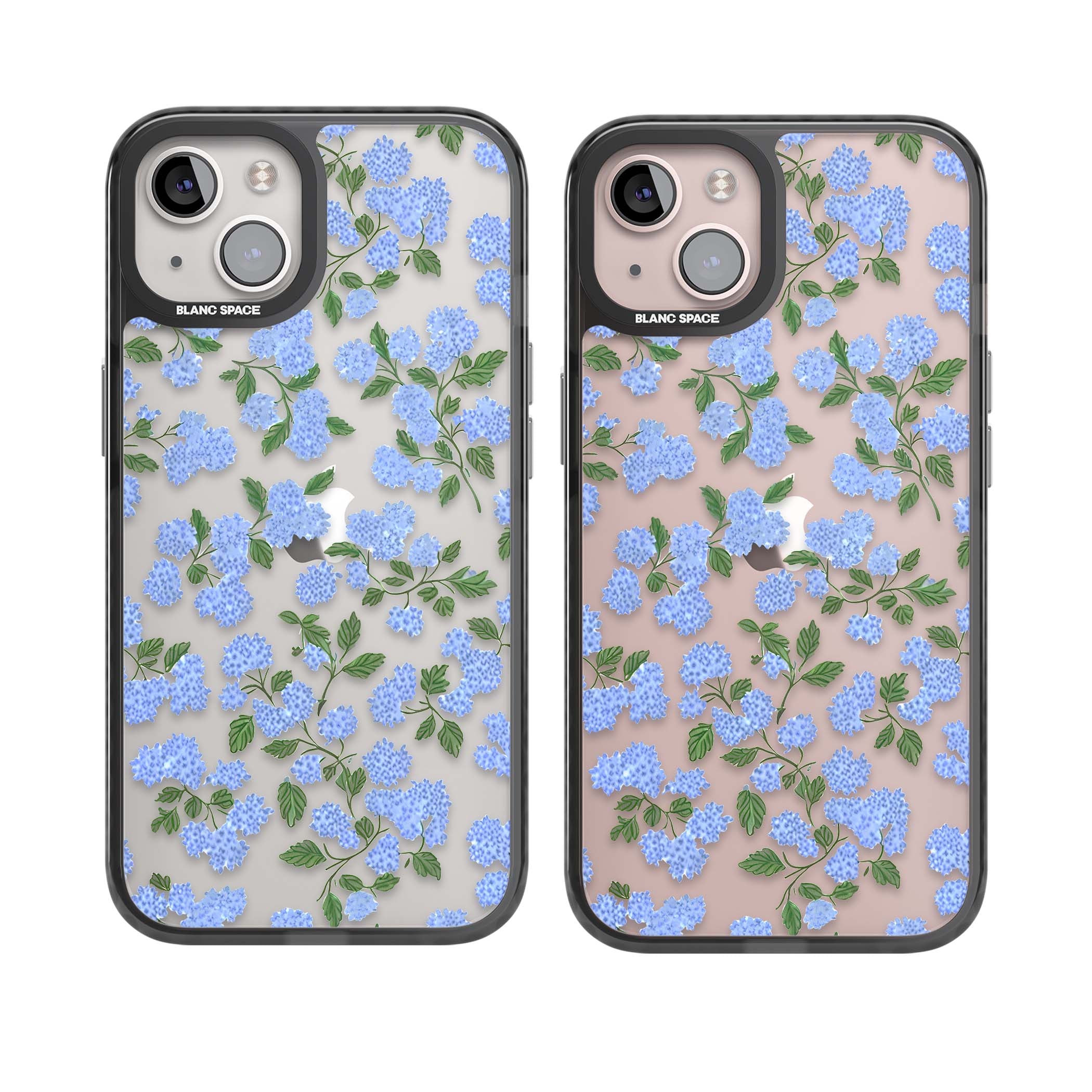 Hydrangea Dreams cottagecore iPhone case featuring soft blue hydrangea flower clusters and green leaves | Black Impact case for iPhone 13, iPhone 14, iPhone 15