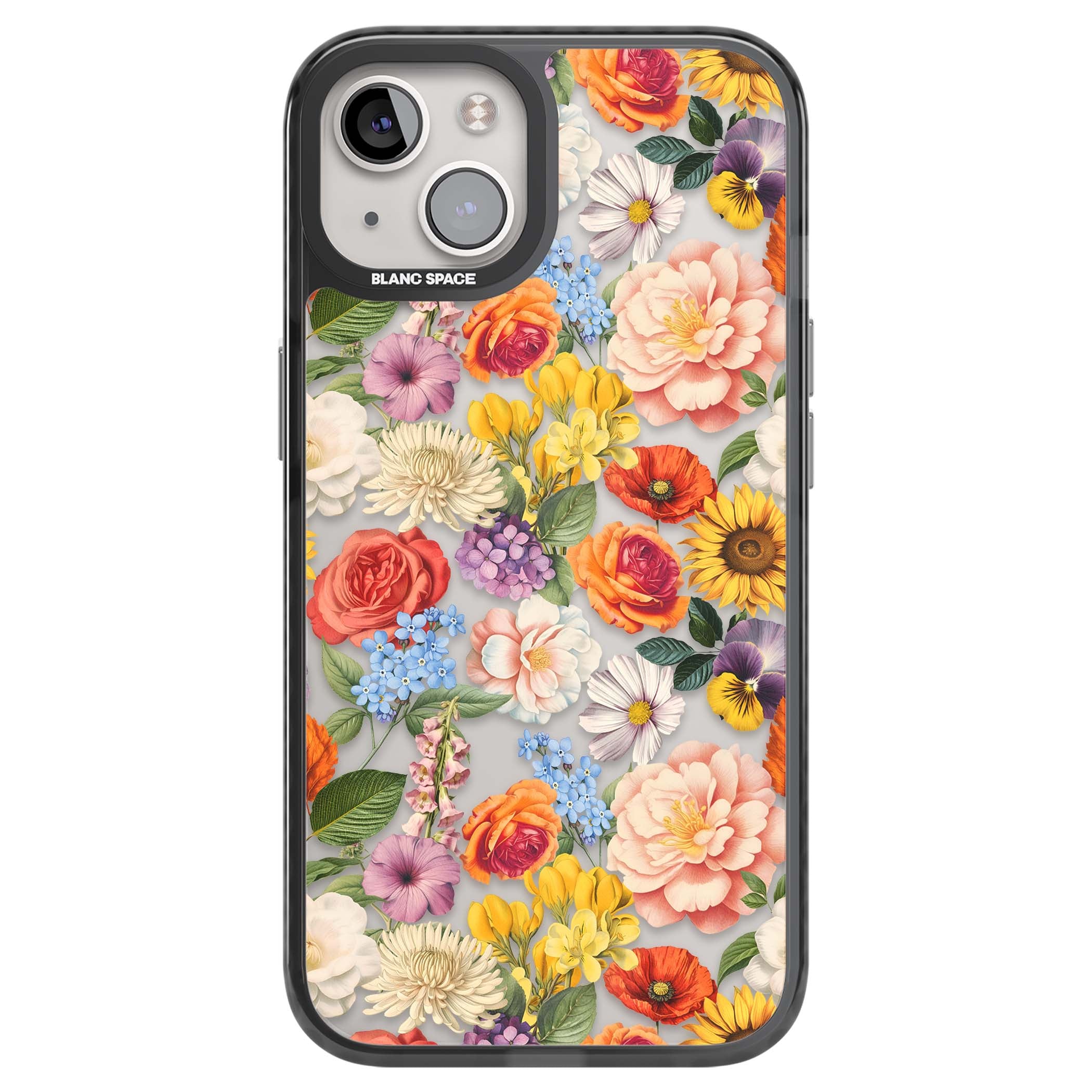 Bloom Basket floral iPhone case featuring cottage garden flowers including peonies, sunflowers, and wildflowers in pastel col | Black Impact case for iPhone 13, iPhone 14, iPhone 15