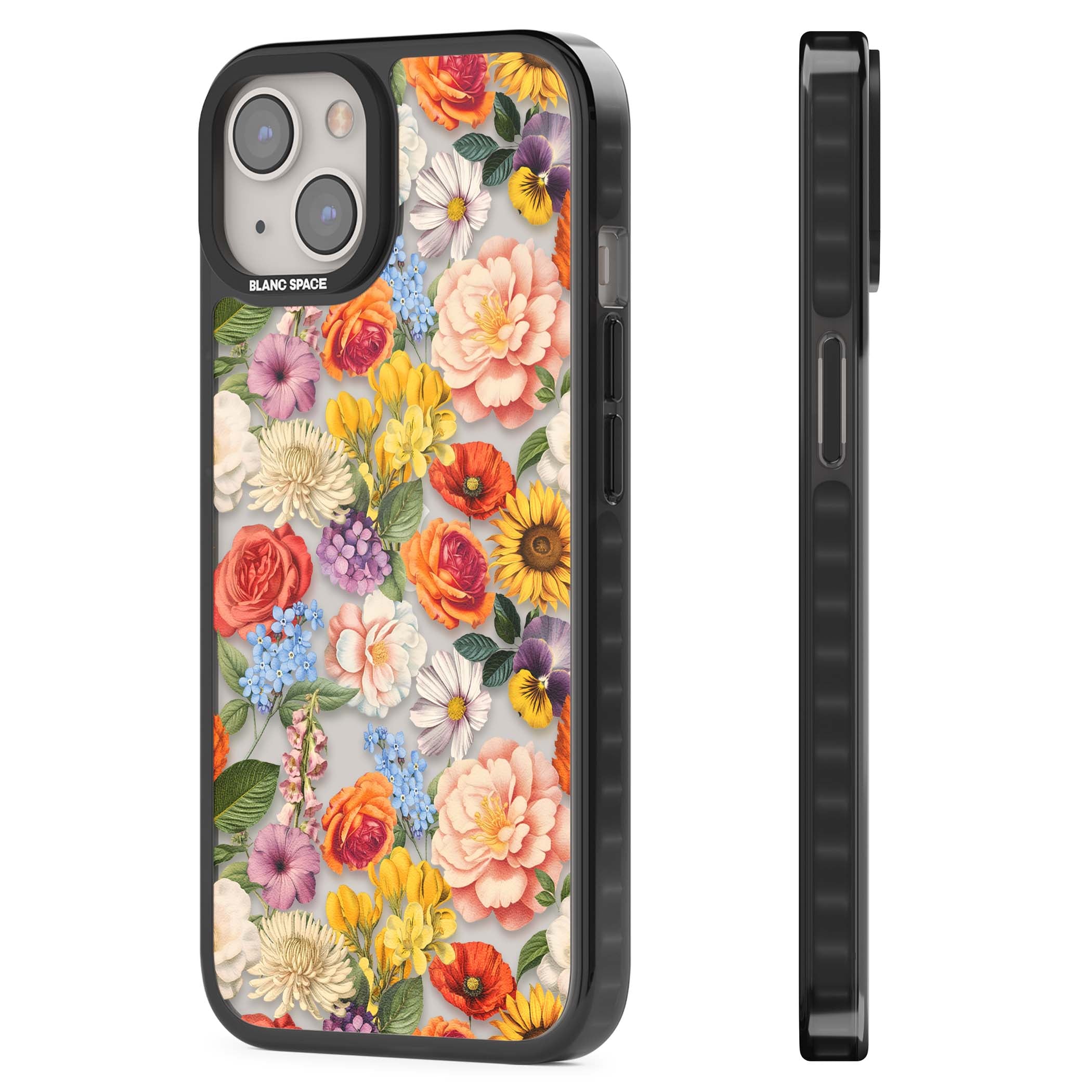 Bloom Basket floral iPhone case featuring cottage garden flowers including peonies, sunflowers, and wildflowers in pastel col | Black Impact case for iPhone 13, iPhone 14, iPhone 15