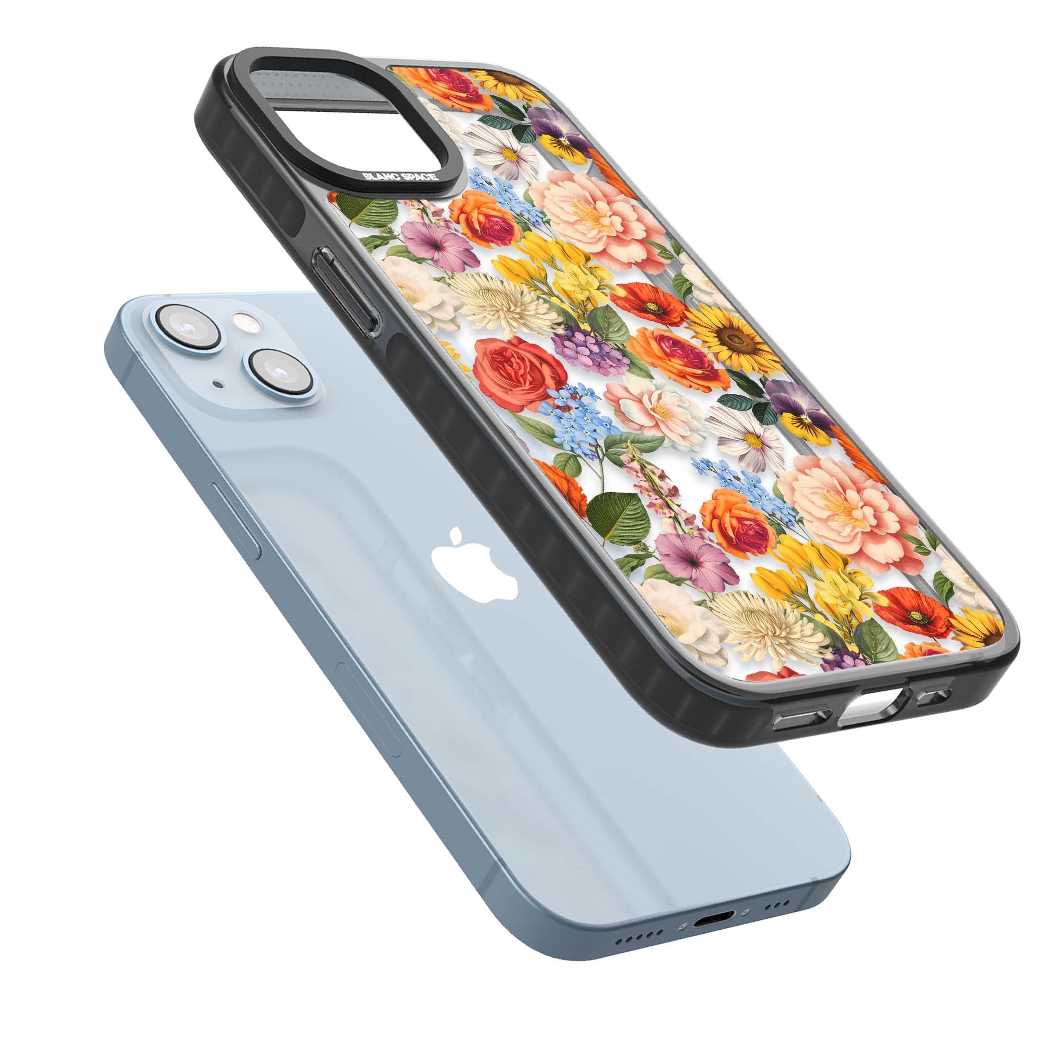 Bloom Basket floral iPhone case featuring cottage garden flowers including peonies, sunflowers, and wildflowers in pastel col | Black Impact case for iPhone 13, iPhone 14, iPhone 15