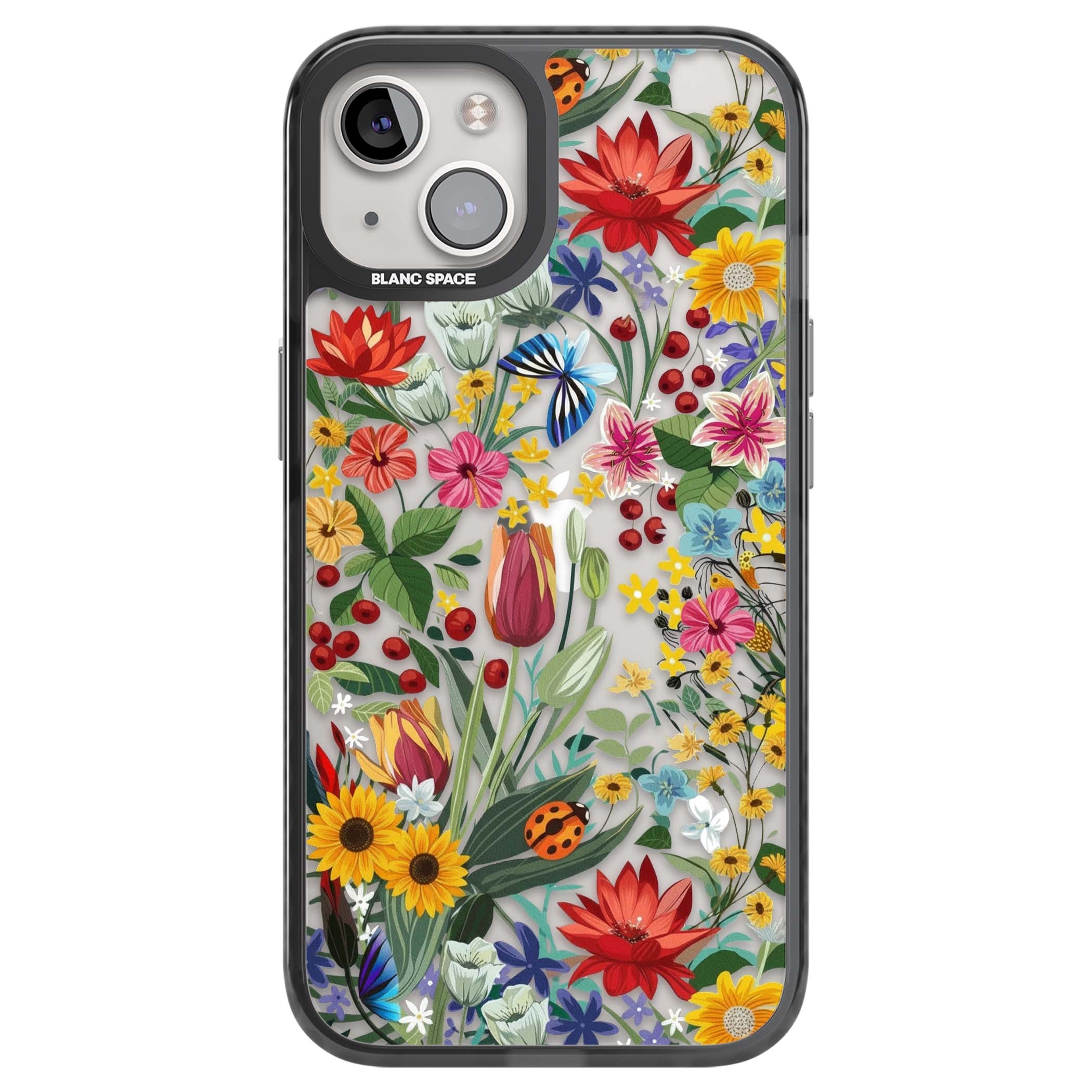 Botanical Bloom cottagecore iPhone case featuring colorful wildflowers, sunflowers, and ladybugs on clear background | Black Impact case for iPhone 13, iPhone 14, iPhone 15