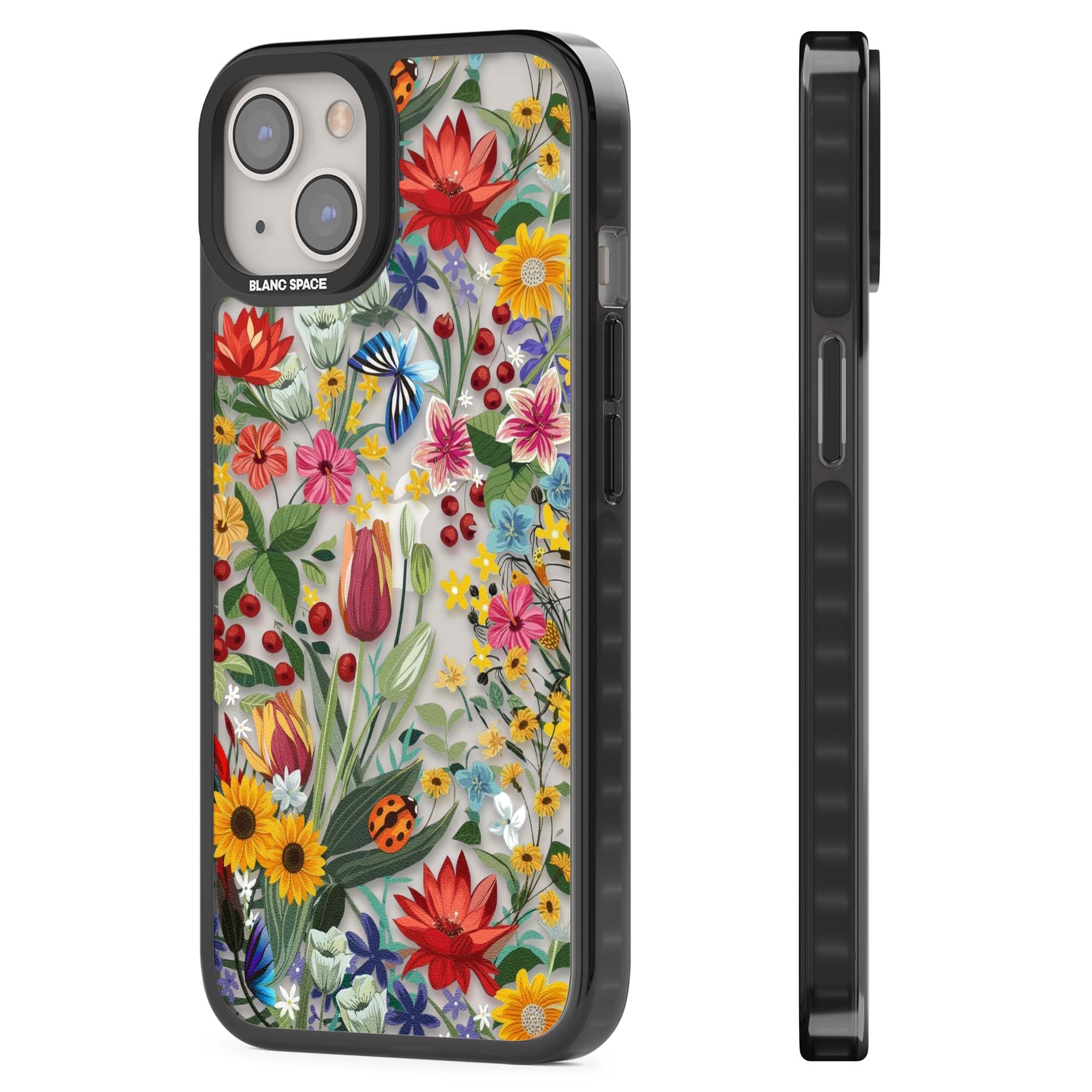 Botanical Bloom cottagecore iPhone case featuring colorful wildflowers, sunflowers, and ladybugs on clear background | Black Impact case for iPhone 13, iPhone 14, iPhone 15