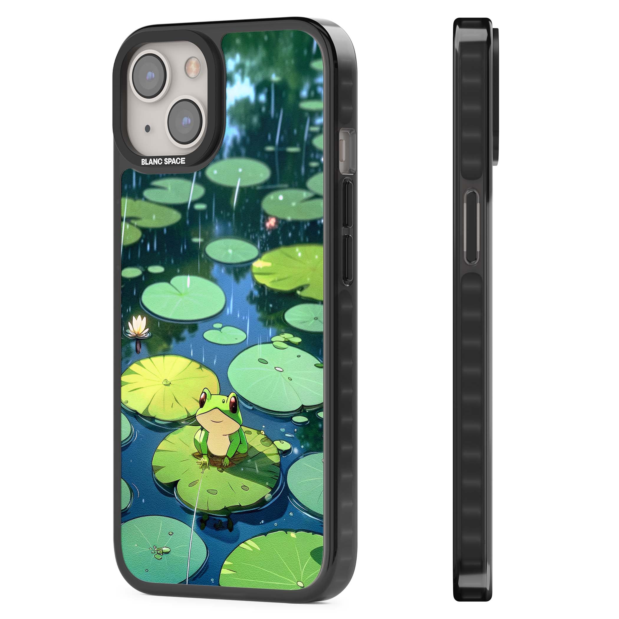 Frog In Lily Pond cottagecore iPhone case featuring a cute green frog on a lily pad with falling rain and a lotus flower | Black Impact case for iPhone 13, iPhone 14, iPhone 15