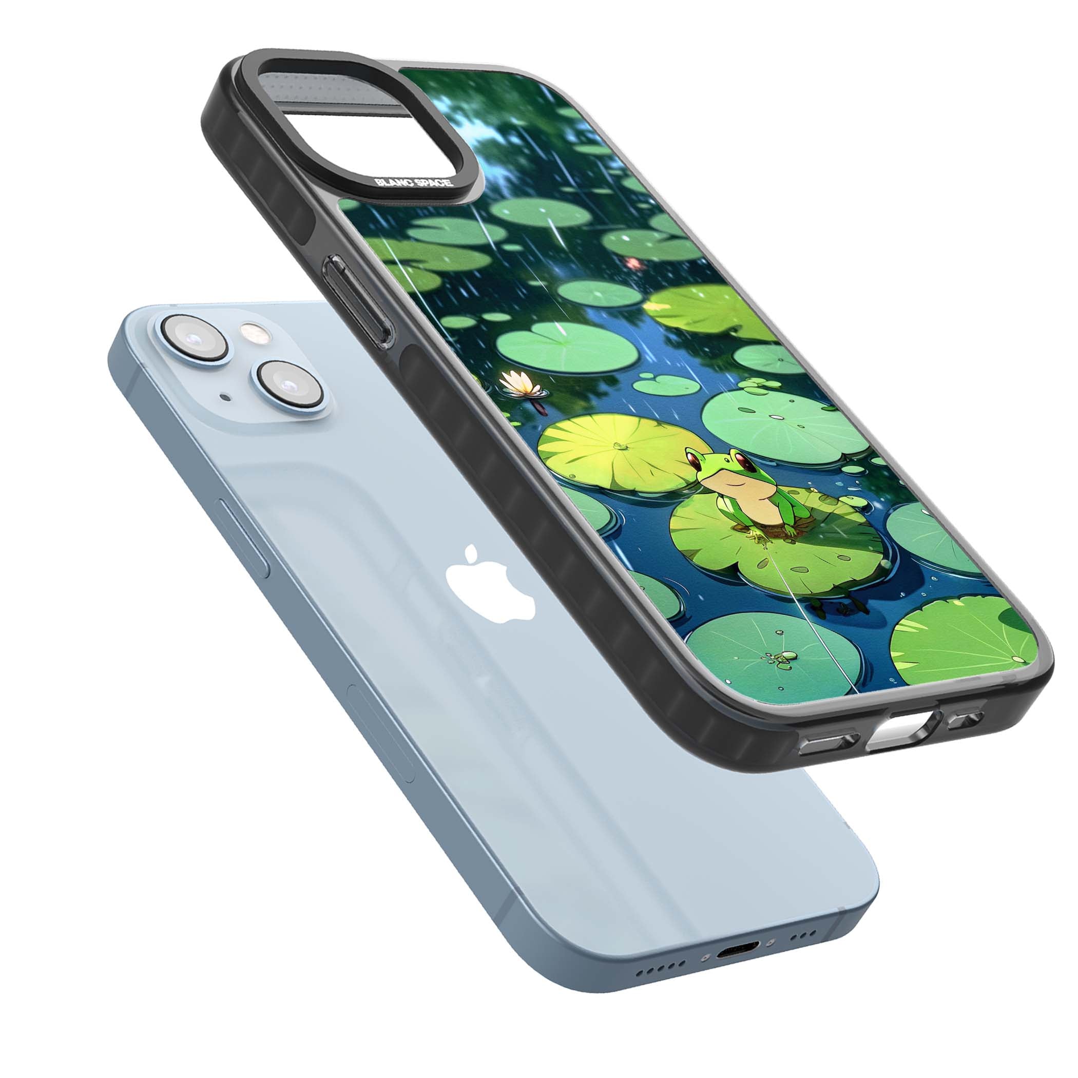 Frog In Lily Pond cottagecore iPhone case featuring a cute green frog on a lily pad with falling rain and a lotus flower | Black Impact case for iPhone 13, iPhone 14, iPhone 15