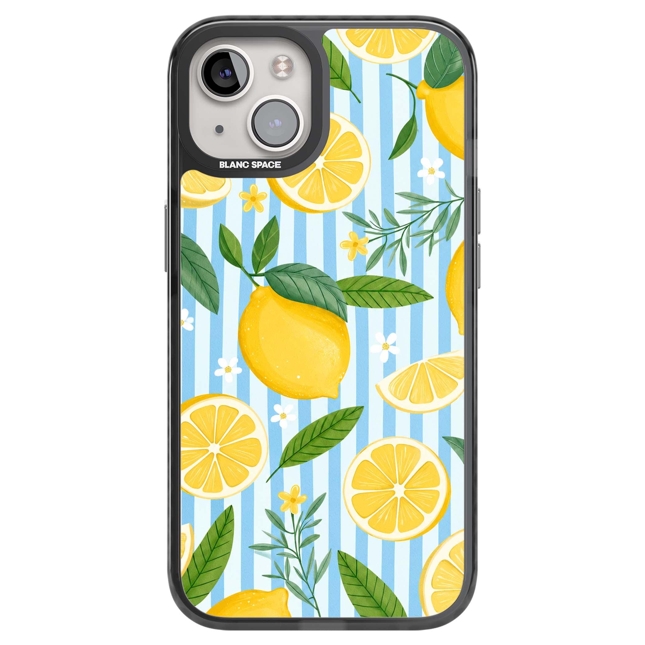 Capri Citrus Stripe coastal iPhone case featuring yellow lemons, blue stripes, and white daisy blossoms | Black Impact case for iPhone 13, iPhone 14, iPhone 15