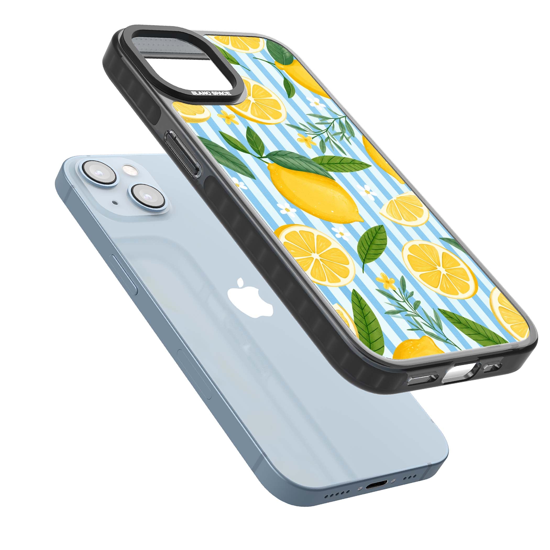 Capri Citrus Stripe coastal iPhone case featuring yellow lemons, blue stripes, and white daisy blossoms | Black Impact case for iPhone 13, iPhone 14, iPhone 15