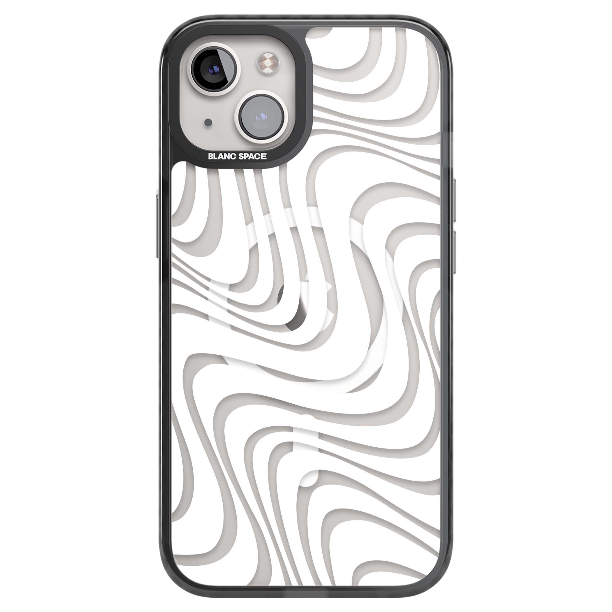 White Abstract Waves abstract iPhone case featuring flowing grey wave pattern on clear background | Black Impact Magsafe case for iPhone 13, iPhone 14, iPhone 15
