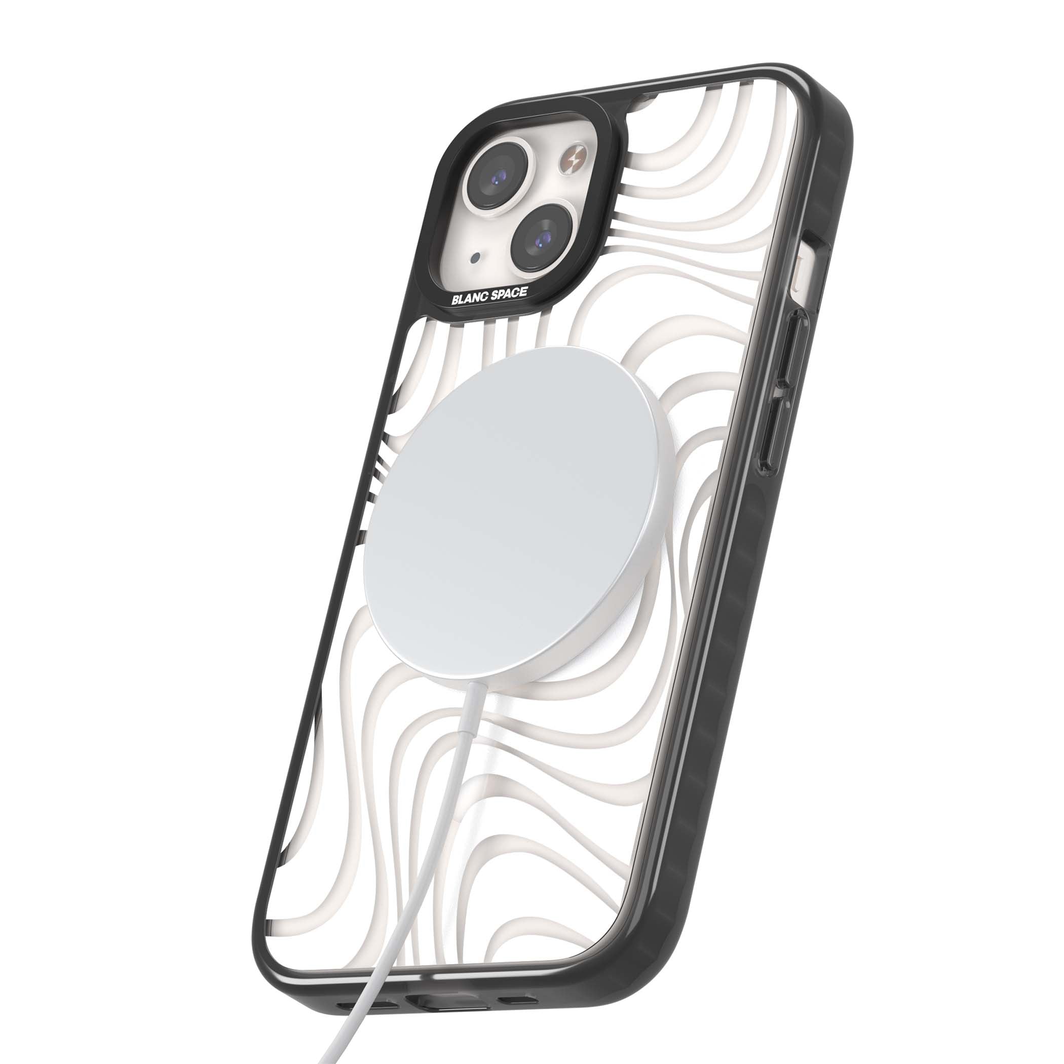White Abstract Waves abstract iPhone case featuring flowing grey wave pattern on clear background | Black Impact Magsafe case for iPhone 13, iPhone 14, iPhone 15