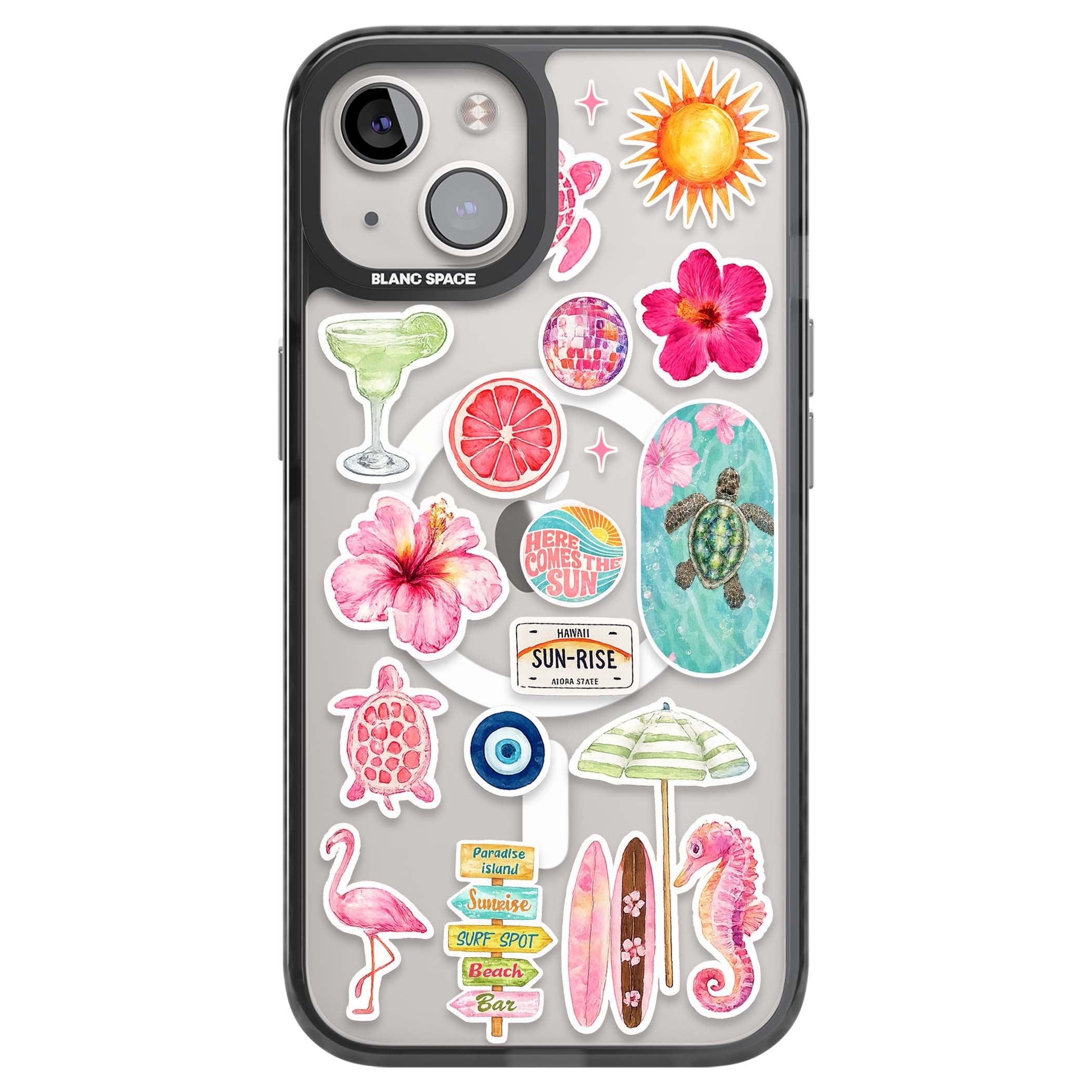 Aloha Sticker Mix tropical summer iPhone case featuring pink hibiscus, sea turtles, flamingo and beach umbrella stickers | Black Impact Magsafe case for iPhone 13, iPhone 14, iPhone 15