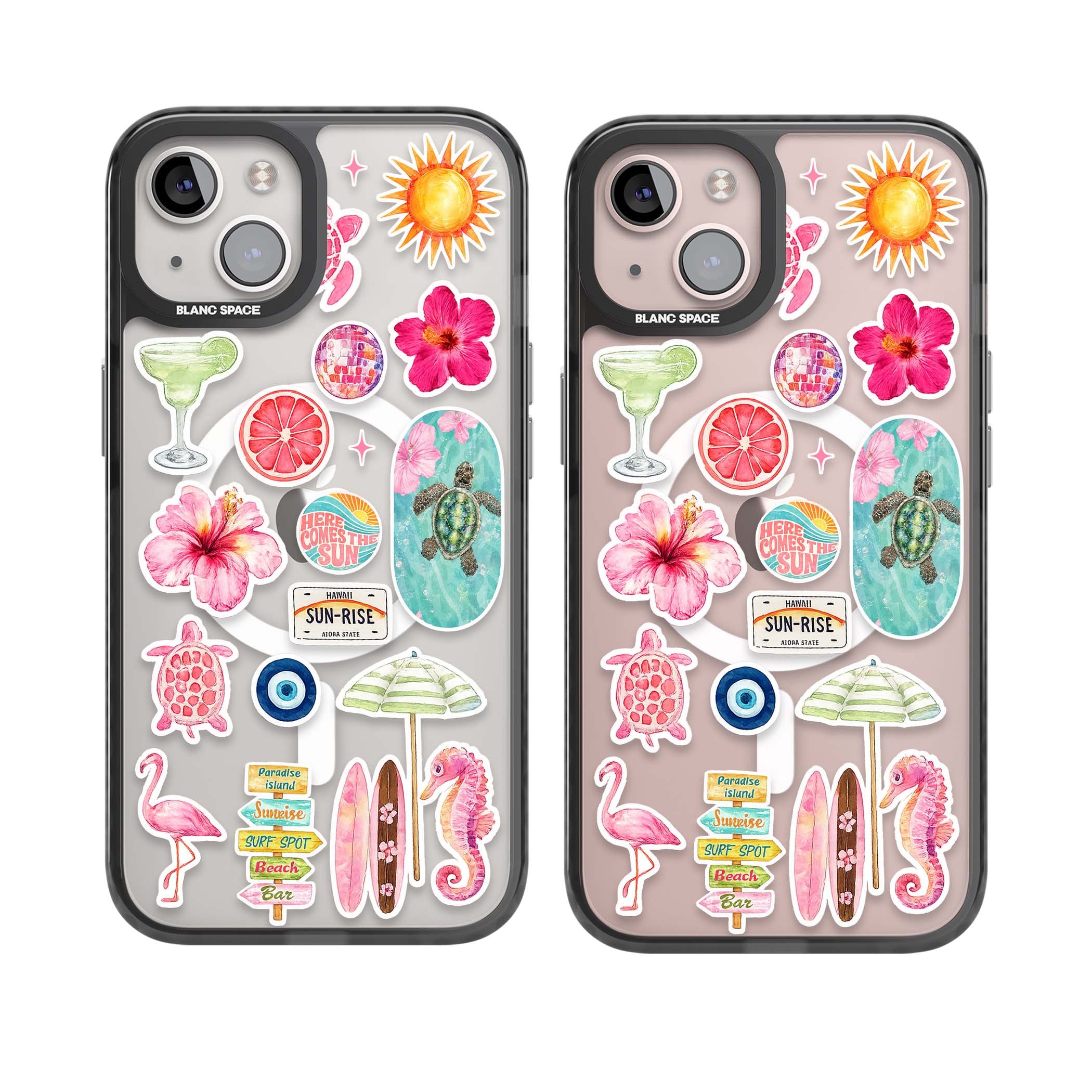 Aloha Sticker Mix tropical summer iPhone case featuring pink hibiscus, sea turtles, flamingo and beach umbrella stickers | Black Impact Magsafe case for iPhone 13, iPhone 14, iPhone 15