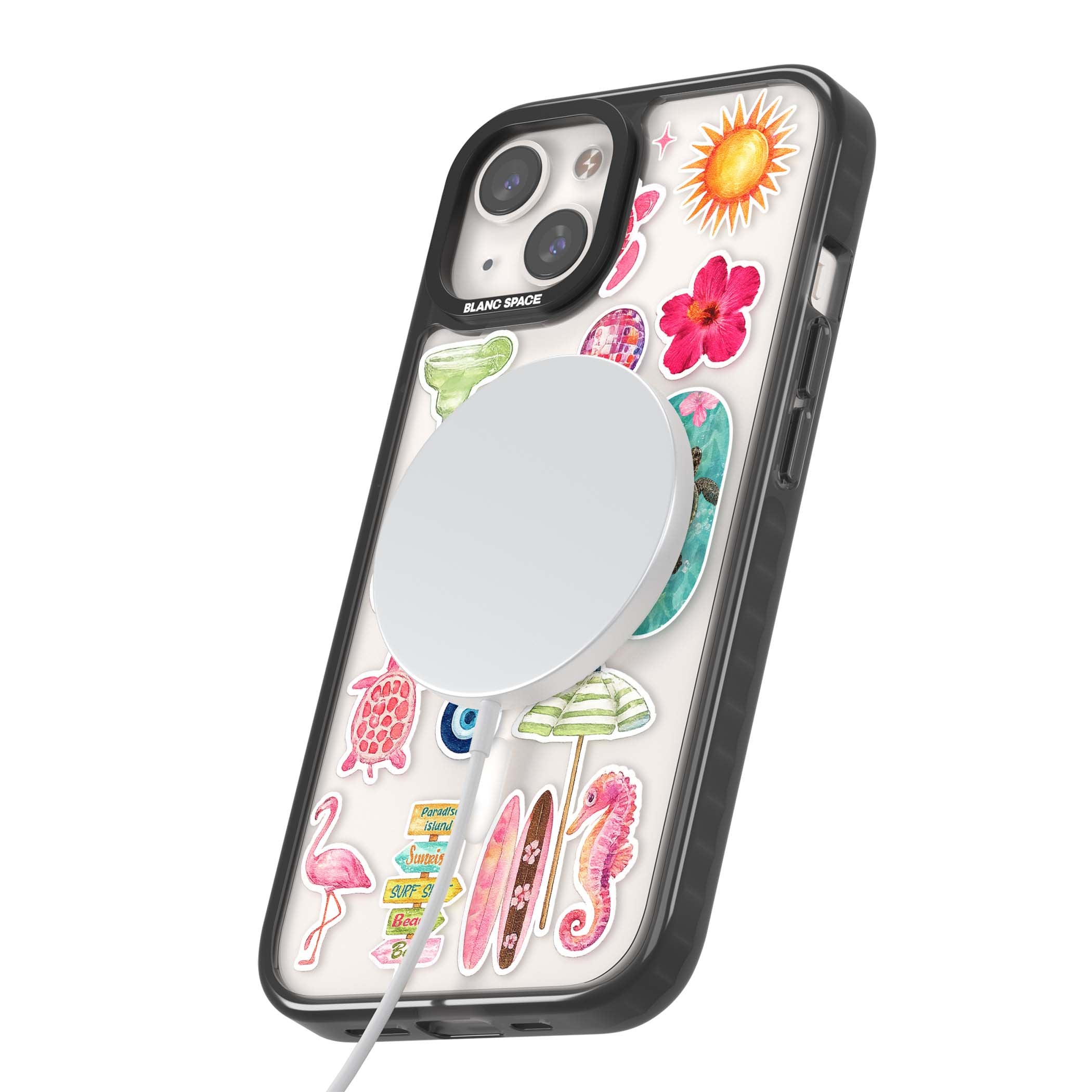 Aloha Sticker Mix tropical summer iPhone case featuring pink hibiscus, sea turtles, flamingo and beach umbrella stickers | Black Impact Magsafe case for iPhone 13, iPhone 14, iPhone 15