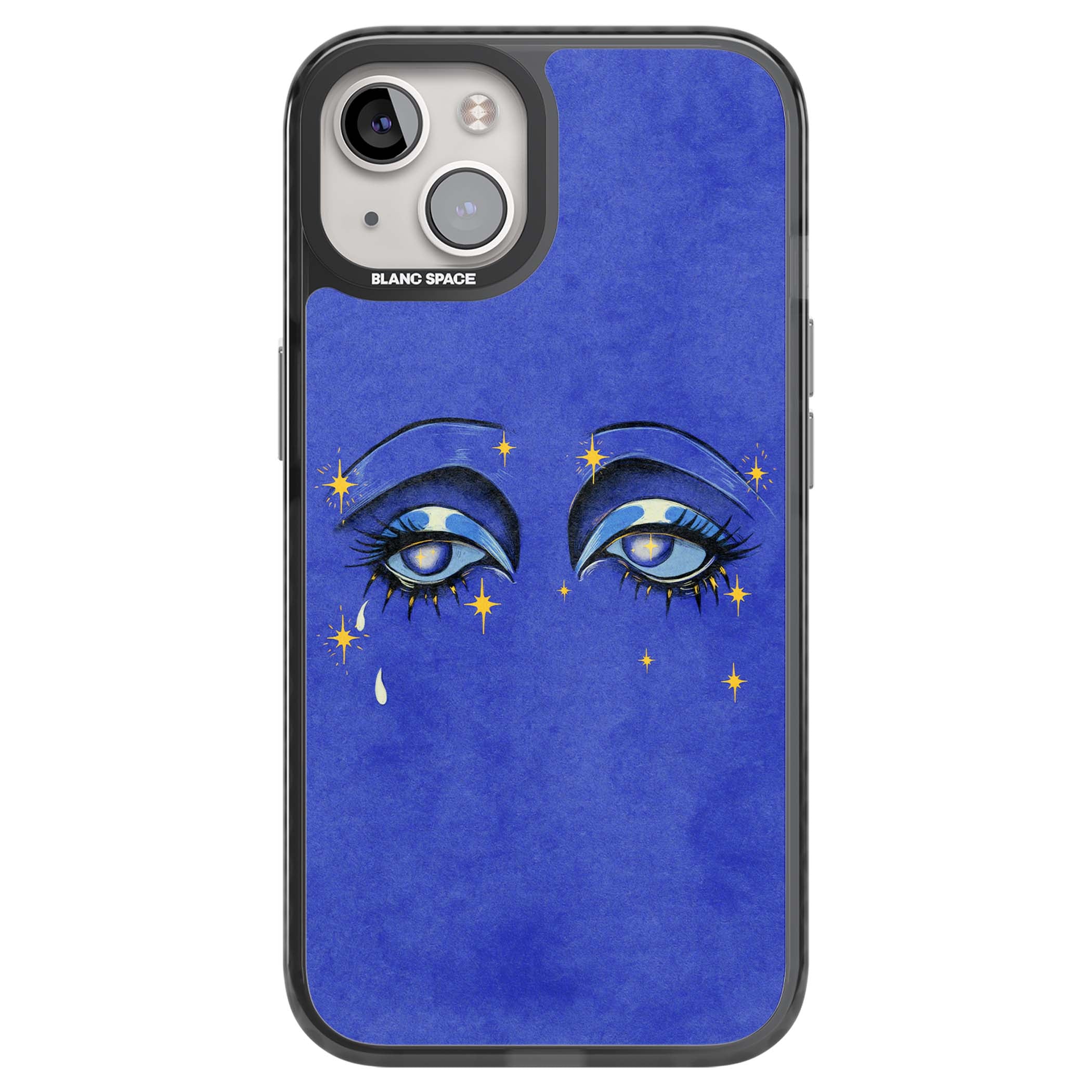 Blue Mystic Eyes celestial iPhone case featuring hand drawn blue mystical eyes, golden stars and a painted tear on indigo | Black Impact Magsafe case for iPhone 13, iPhone 14, iPhone 15