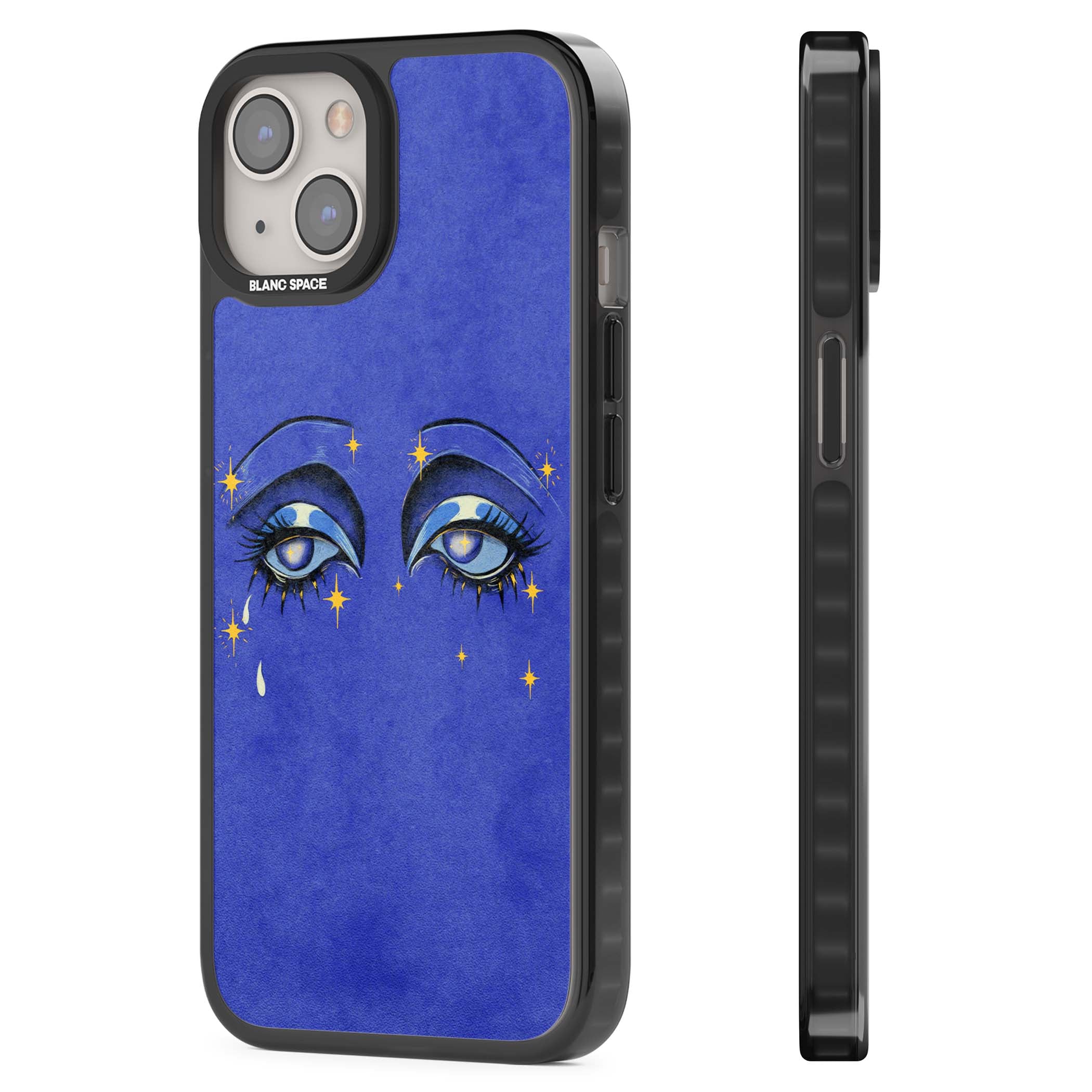 Blue Mystic Eyes celestial iPhone case featuring hand drawn blue mystical eyes, golden stars and a painted tear on indigo | Black Impact Magsafe case for iPhone 13, iPhone 14, iPhone 15