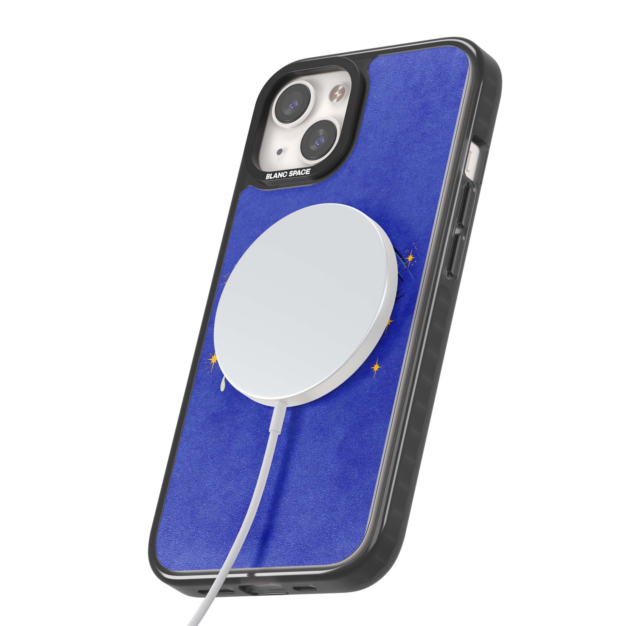 Blue Mystic Eyes celestial iPhone case featuring hand drawn blue mystical eyes, golden stars and a painted tear on indigo | Black Impact Magsafe case for iPhone 13, iPhone 14, iPhone 15