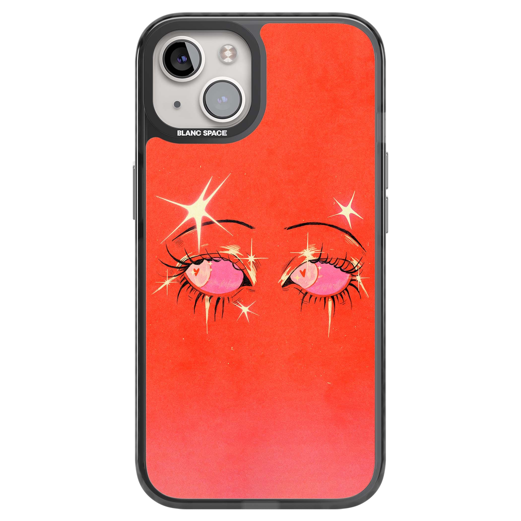 Pink Ethereal Eyes anime iPhone case featuring hand-drawn sparkly eyes with pink hearts and gold stars on red | Black Impact Magsafe case for iPhone 13, iPhone 14, iPhone 15