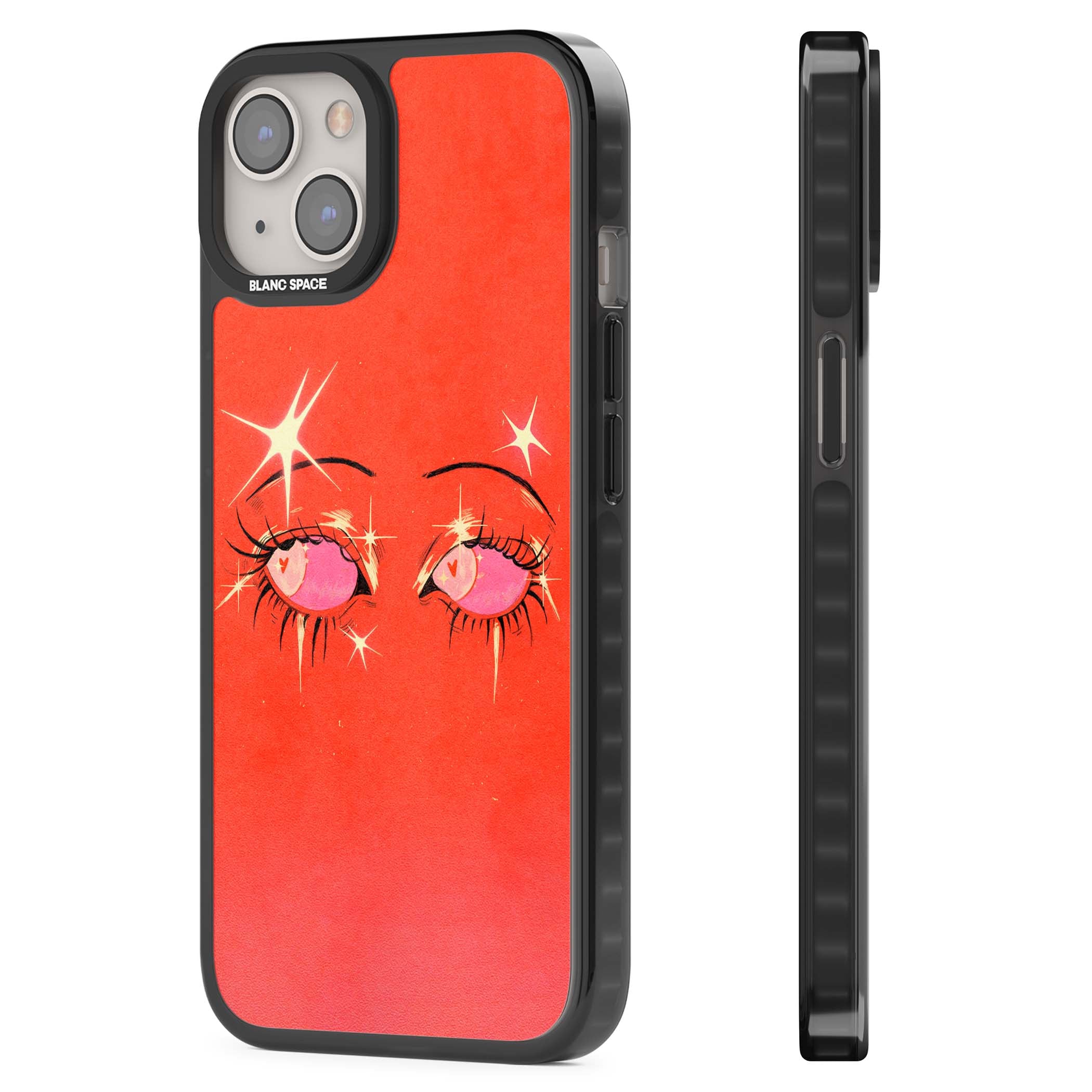 Pink Ethereal Eyes anime iPhone case featuring hand-drawn sparkly eyes with pink hearts and gold stars on red | Black Impact Magsafe case for iPhone 13, iPhone 14, iPhone 15