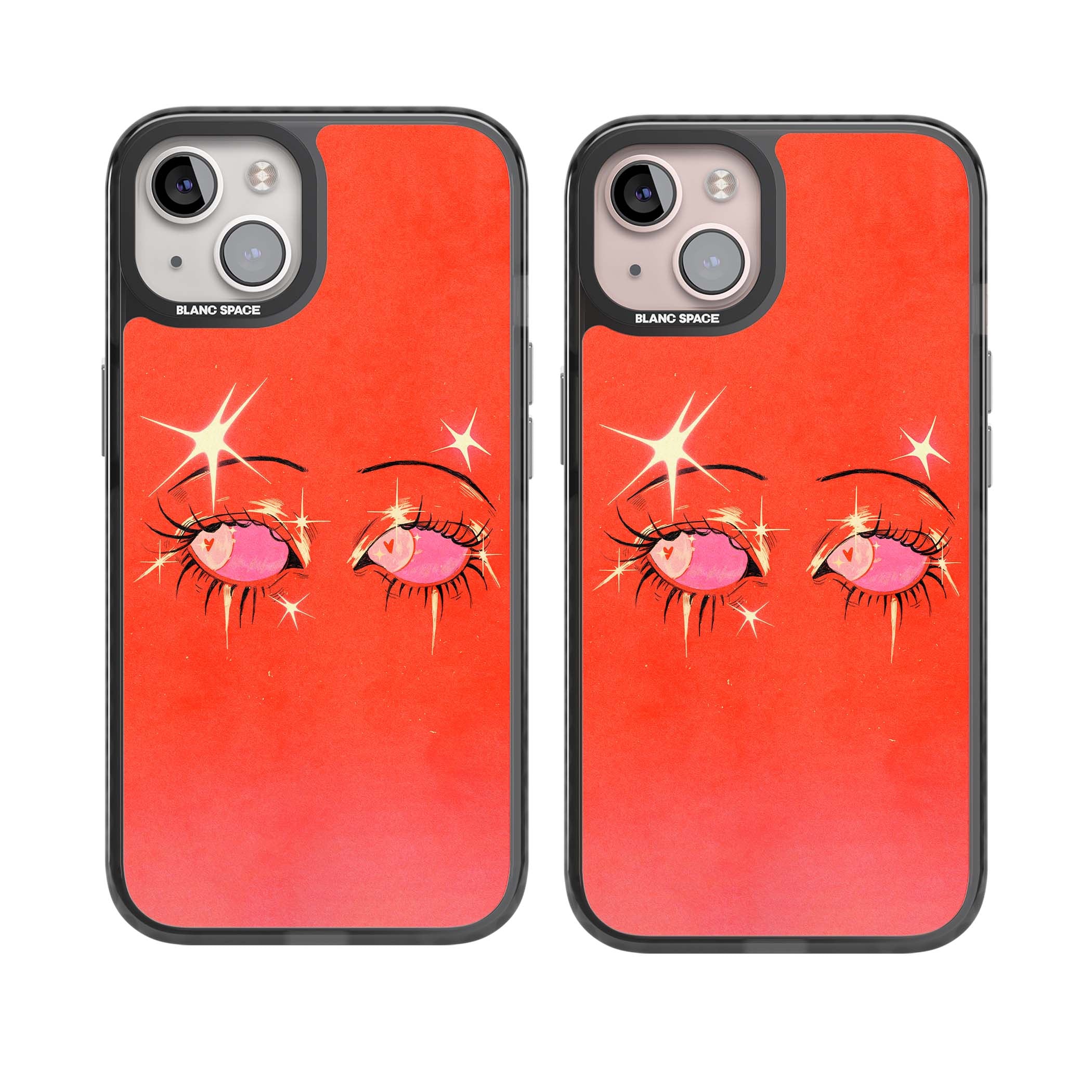 Pink Ethereal Eyes anime iPhone case featuring hand-drawn sparkly eyes with pink hearts and gold stars on red | Black Impact Magsafe case for iPhone 13, iPhone 14, iPhone 15