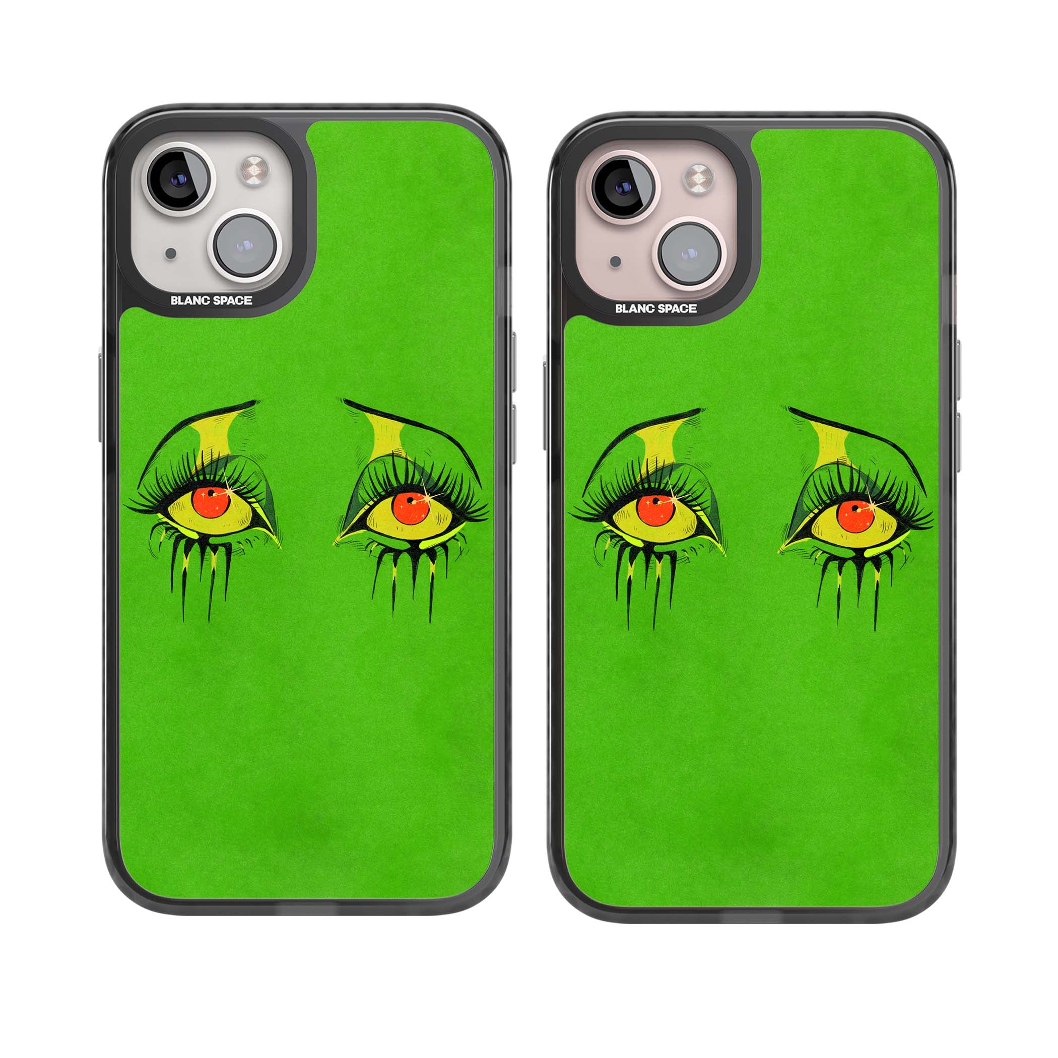 Green Enchanted Eyes psychedelic art iPhone case featuring hand-drawn dripping eyes on neon green background | Black Impact Magsafe case for iPhone 13, iPhone 14, iPhone 15