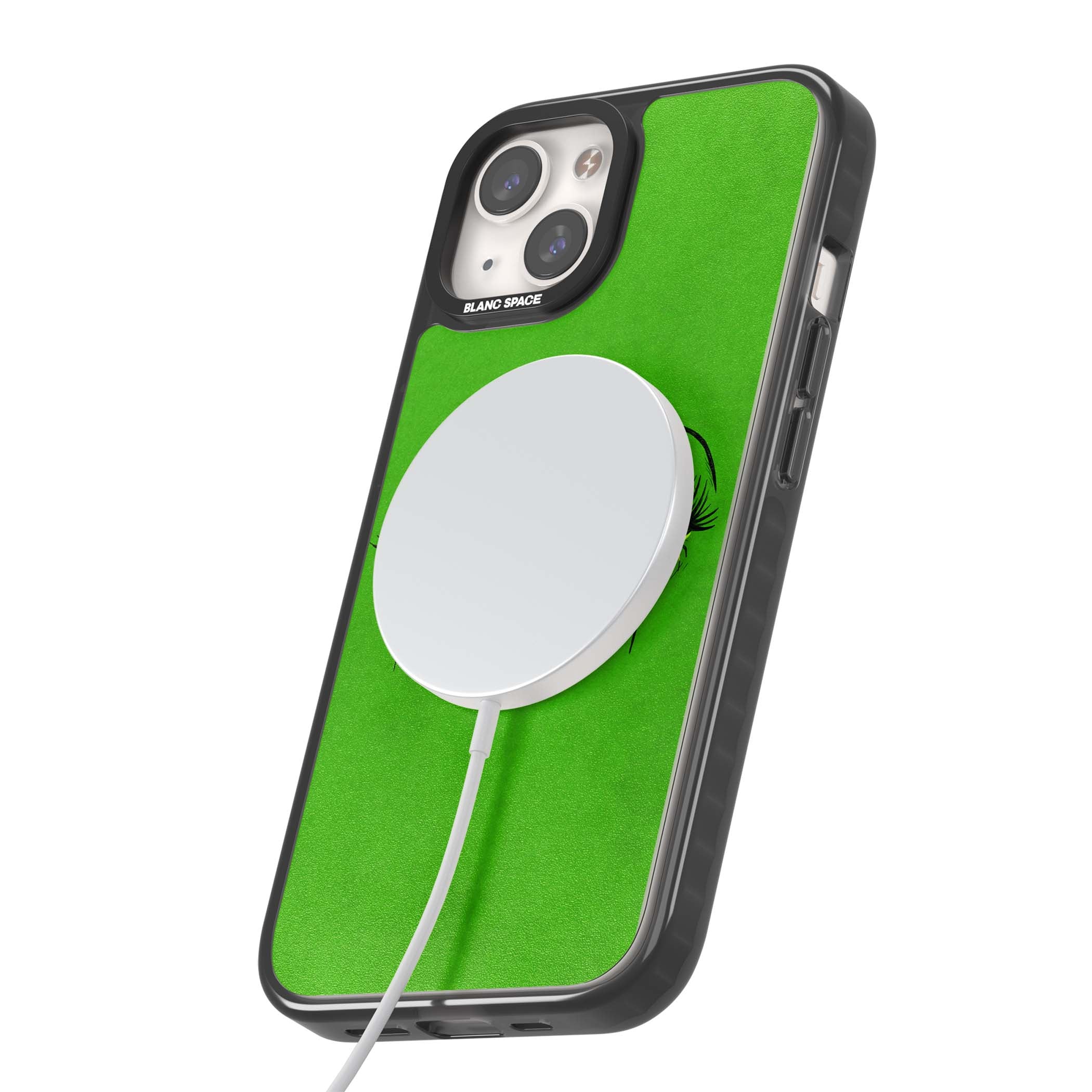 Green Enchanted Eyes psychedelic art iPhone case featuring hand-drawn dripping eyes on neon green background | Black Impact Magsafe case for iPhone 13, iPhone 14, iPhone 15