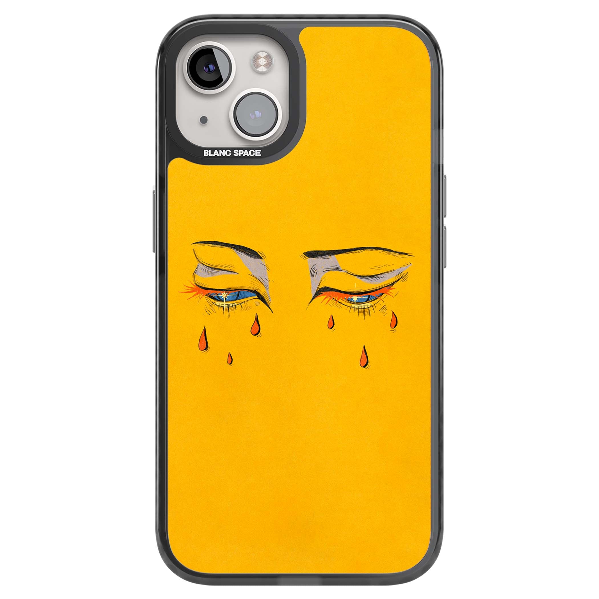 Yellow Tearful Eyes indie iPhone case featuring hand-drawn crying eyes with orange tears on a yellow background | Black Impact Magsafe case for iPhone 13, iPhone 14, iPhone 15