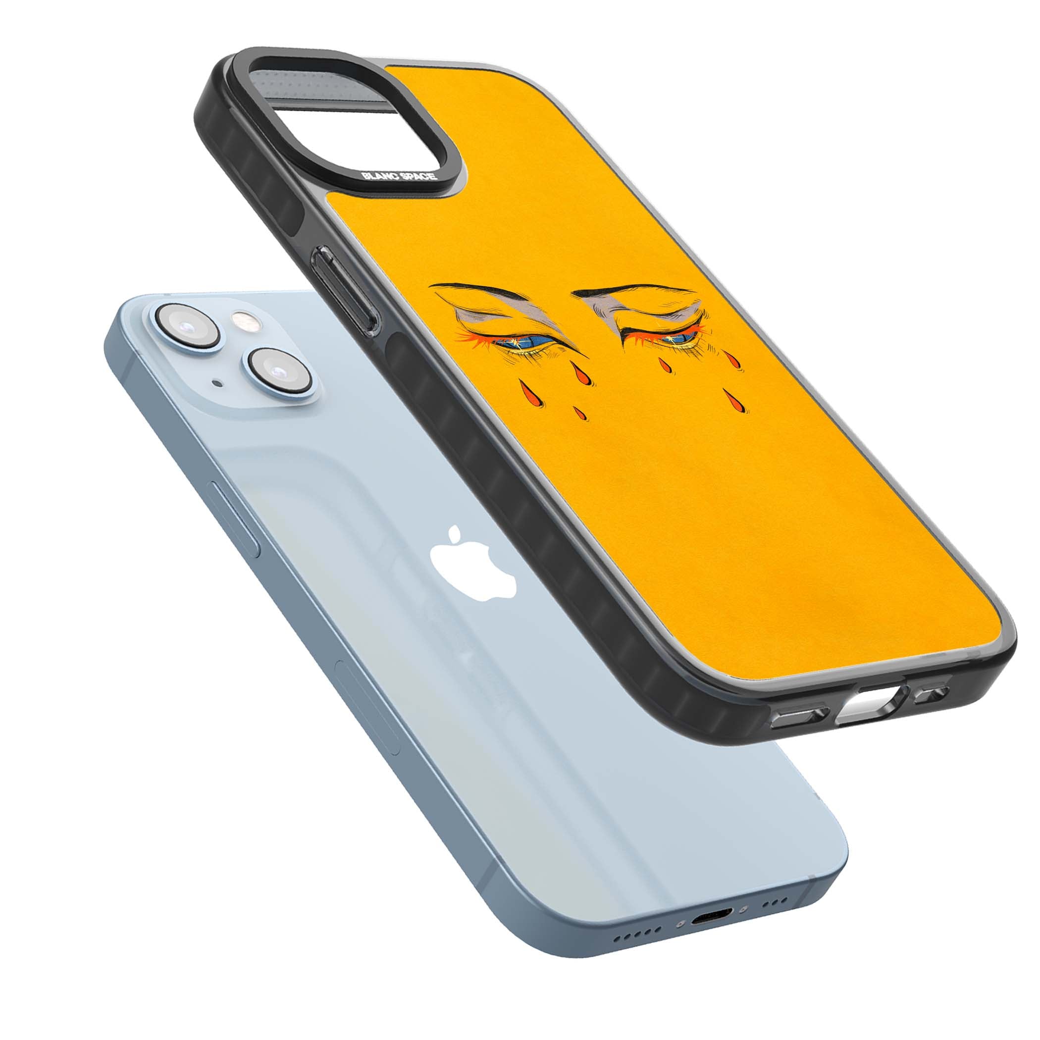 Yellow Tearful Eyes indie iPhone case featuring hand-drawn crying eyes with orange tears on a yellow background | Black Impact Magsafe case for iPhone 13, iPhone 14, iPhone 15