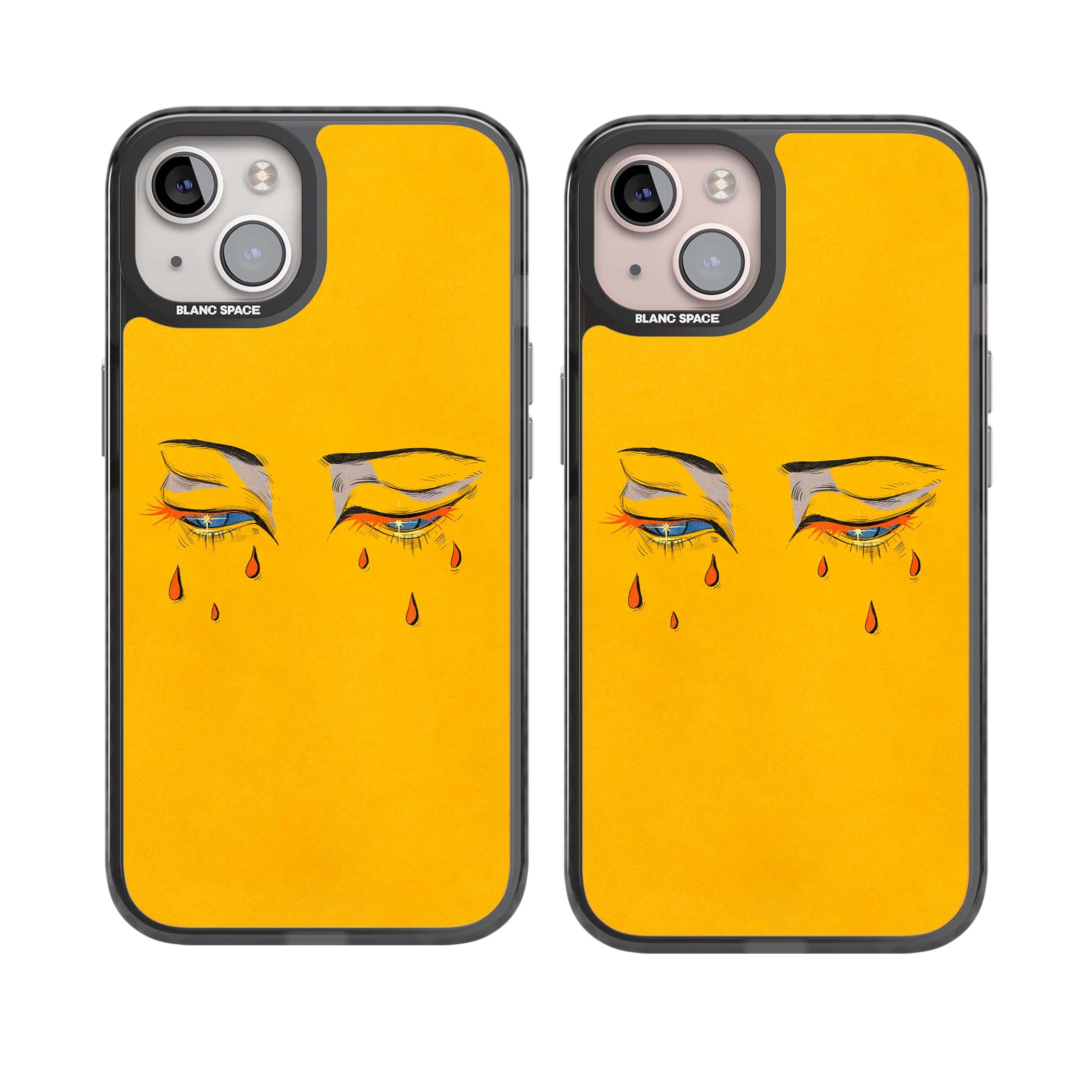 Yellow Tearful Eyes indie iPhone case featuring hand-drawn crying eyes with orange tears on a yellow background | Black Impact Magsafe case for iPhone 13, iPhone 14, iPhone 15