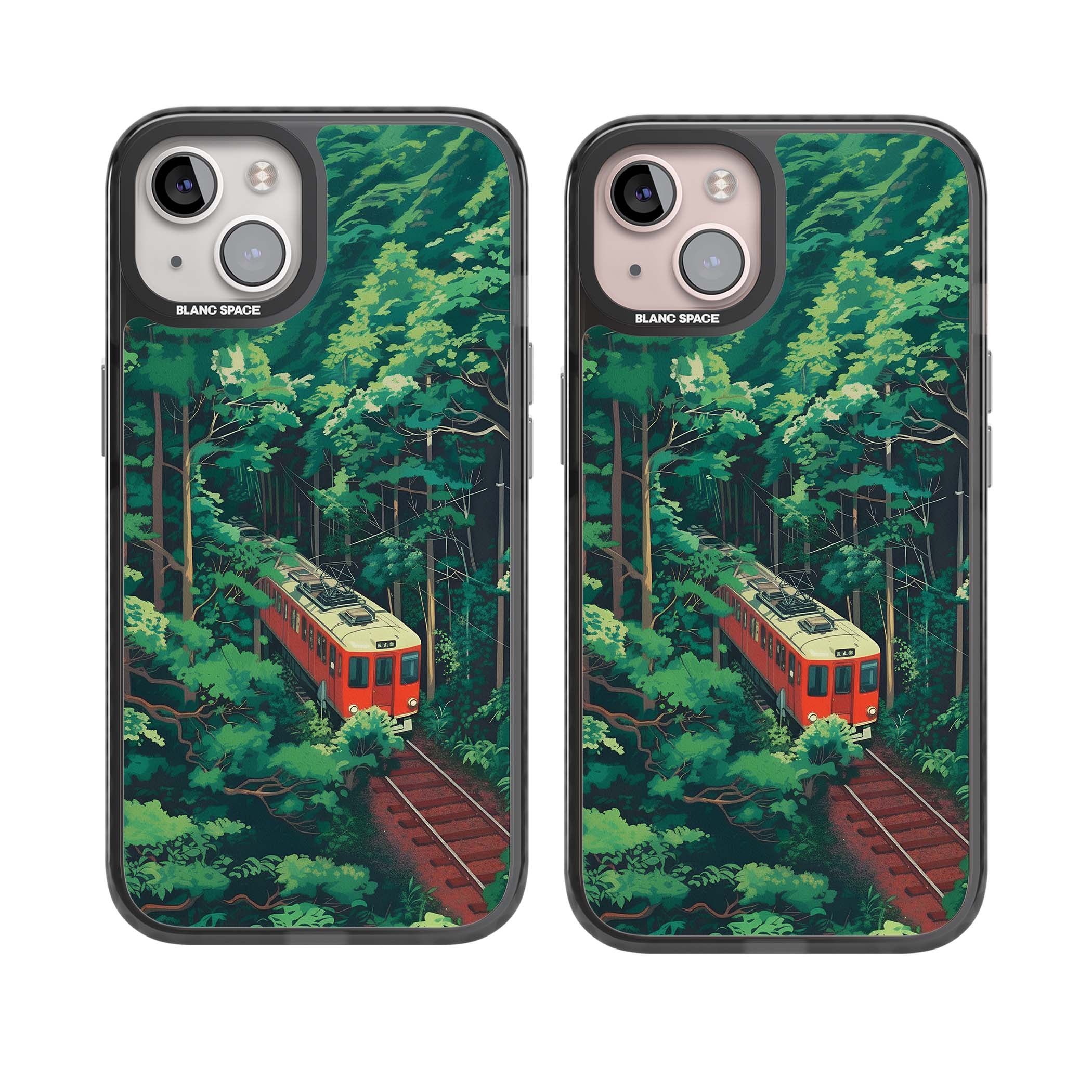 Railway In Toyama Japanese iPhone case featuring a red train, cedar forest and winding mountain railway tracks | Black Impact Magsafe case for iPhone 13, iPhone 14, iPhone 15
