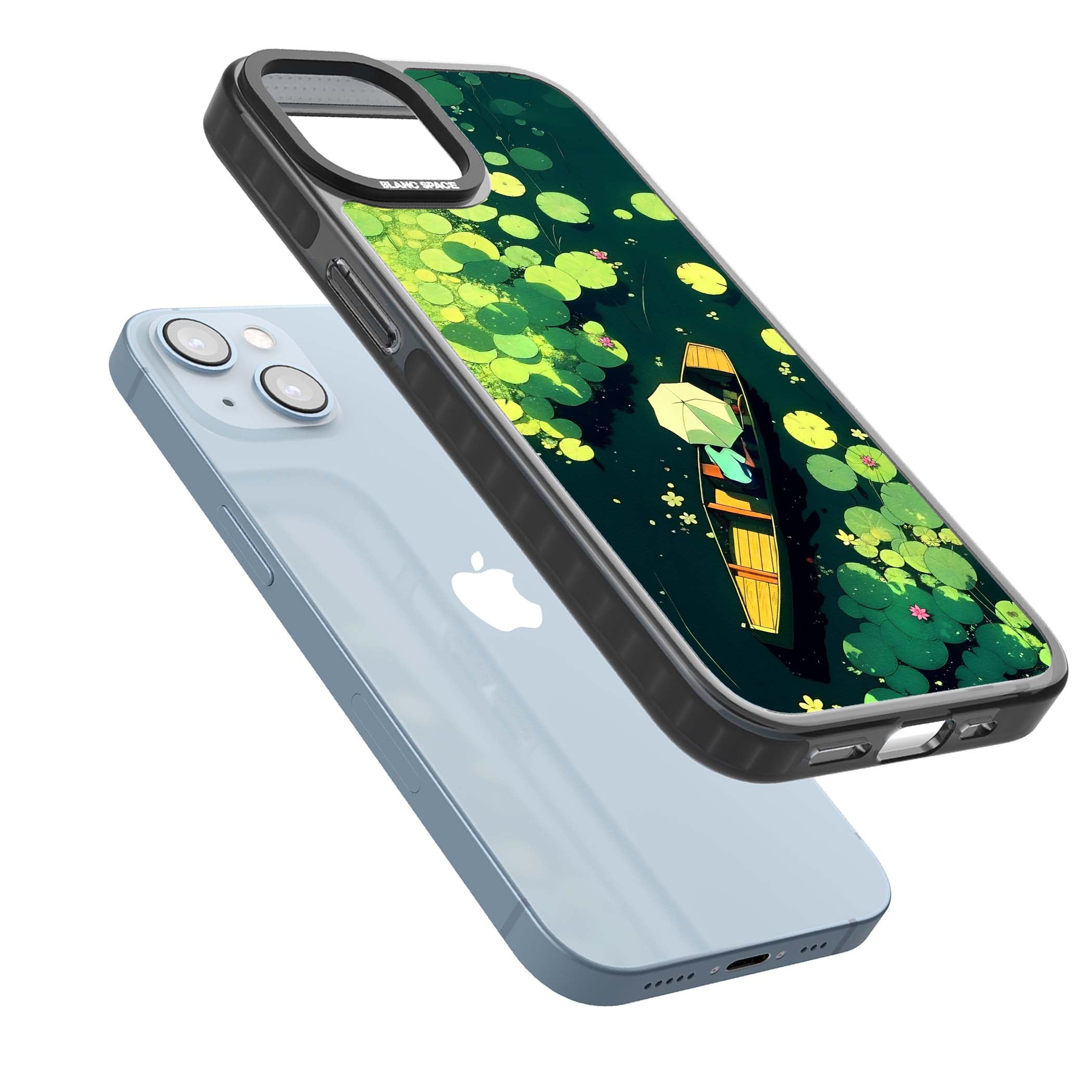 Jade Waters cottagecore iPhone case featuring a painted lily pond, wooden boat with parasol and floating water lilies | Black Impact Magsafe case for iPhone 13, iPhone 14, iPhone 15