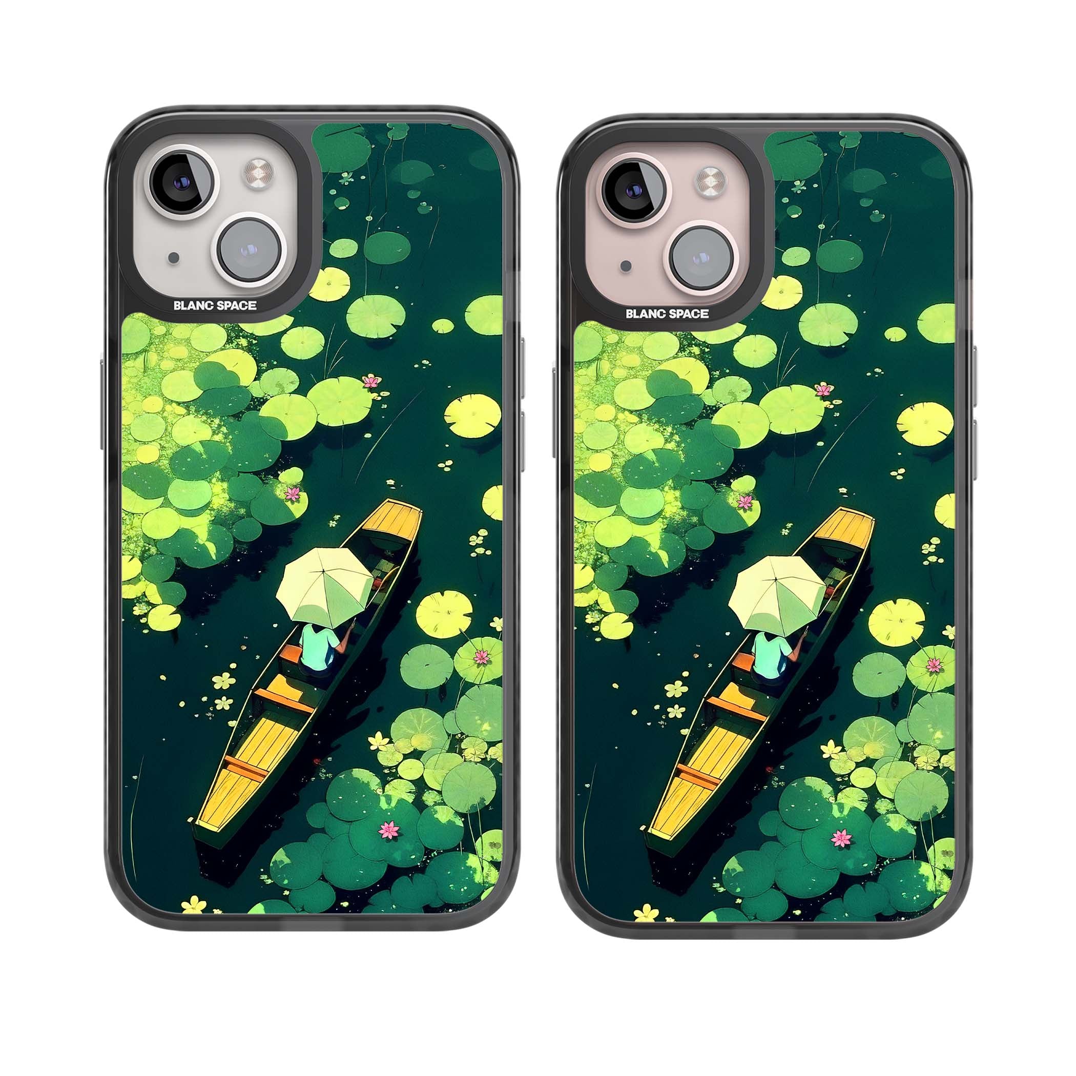 Jade Waters cottagecore iPhone case featuring a painted lily pond, wooden boat with parasol and floating water lilies | Black Impact Magsafe case for iPhone 13, iPhone 14, iPhone 15