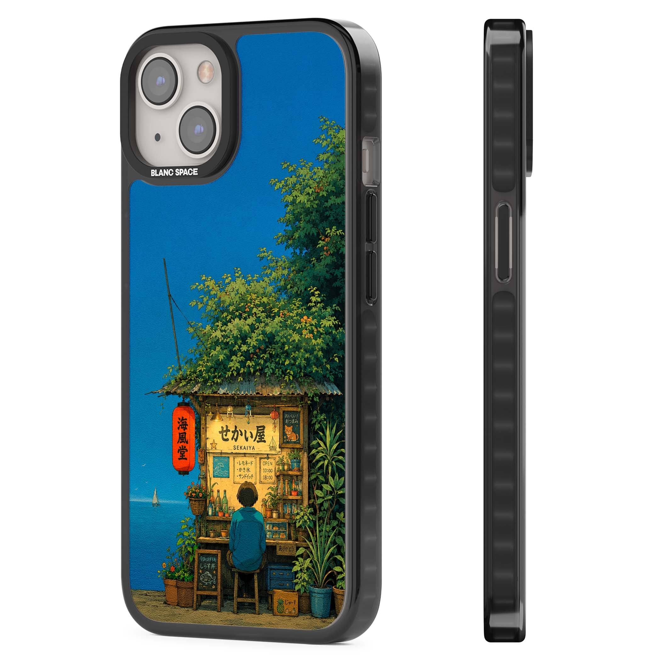 The Shirahama Kiosk anime iPhone case featuring a Japanese seaside shop, red paper lantern and ocean view | Black Impact Magsafe case for iPhone 13, iPhone 14, iPhone 15