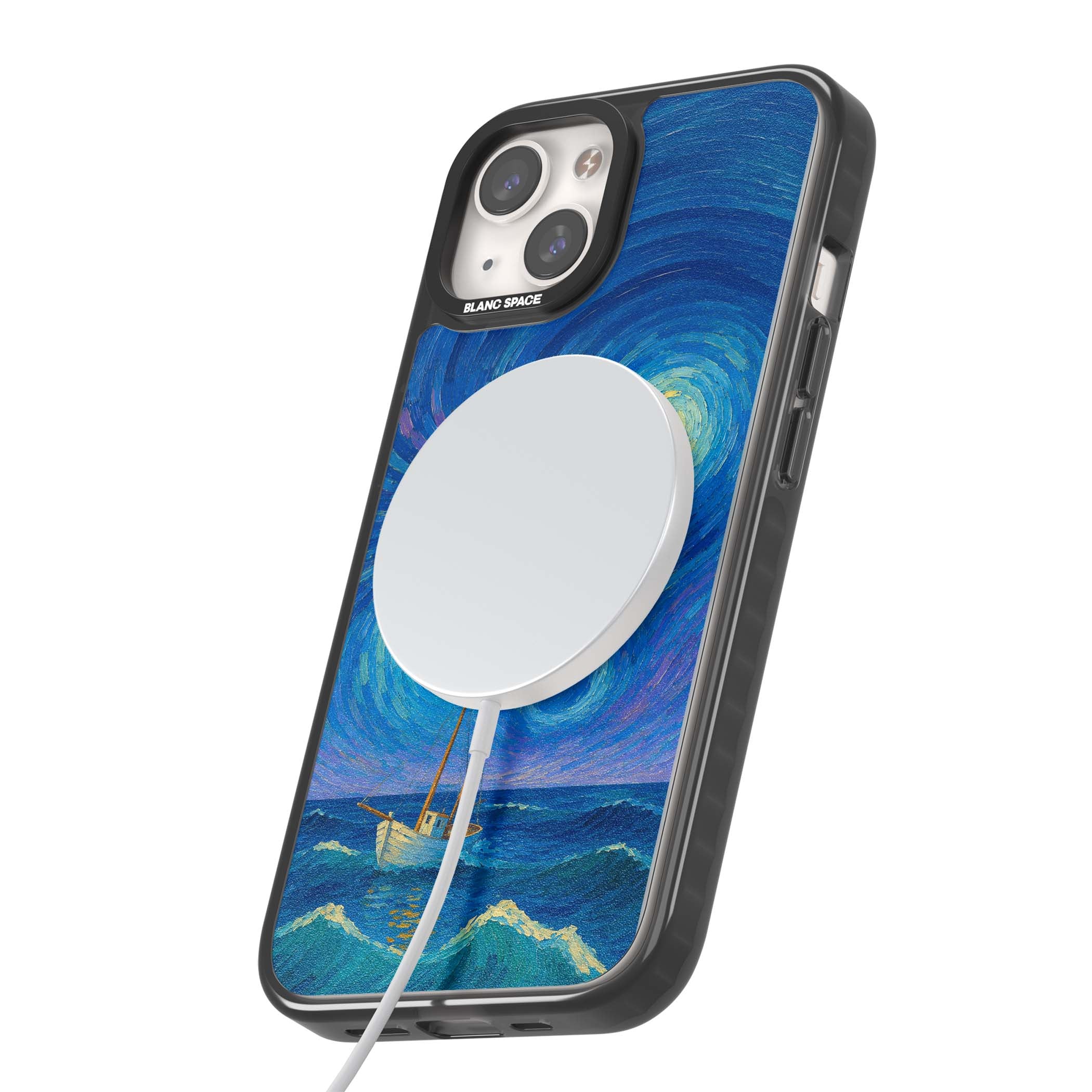 Moonlit Tide Van Gogh art iPhone case featuring swirling starry night sky, glowing moon and lone sailing boat at sea | Black Impact Magsafe case for iPhone 13, iPhone 14, iPhone 15