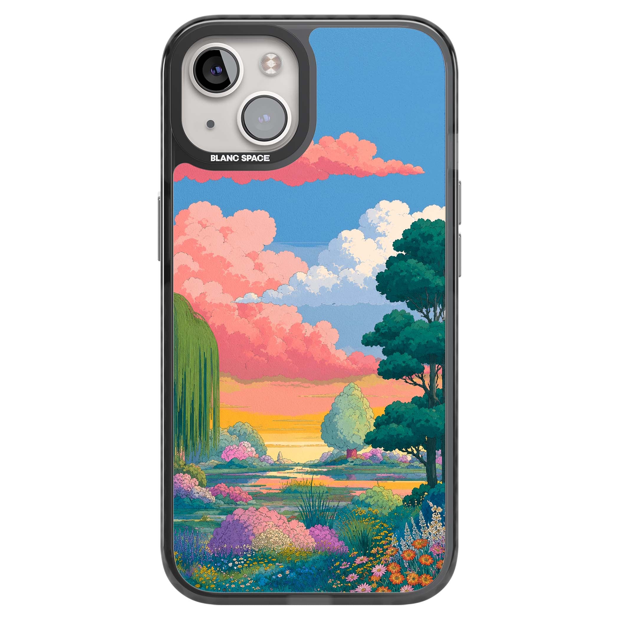 Dream Valley anime landscape iPhone case featuring pink sunset clouds, willow trees and wildflowers | Black Impact Magsafe case for iPhone 13, iPhone 14, iPhone 15