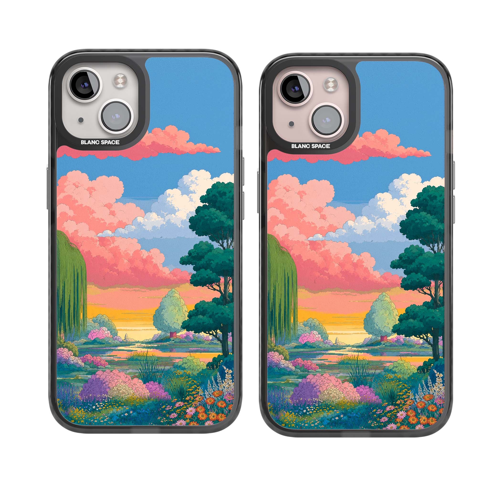 Dream Valley anime landscape iPhone case featuring pink sunset clouds, willow trees and wildflowers | Black Impact Magsafe case for iPhone 13, iPhone 14, iPhone 15