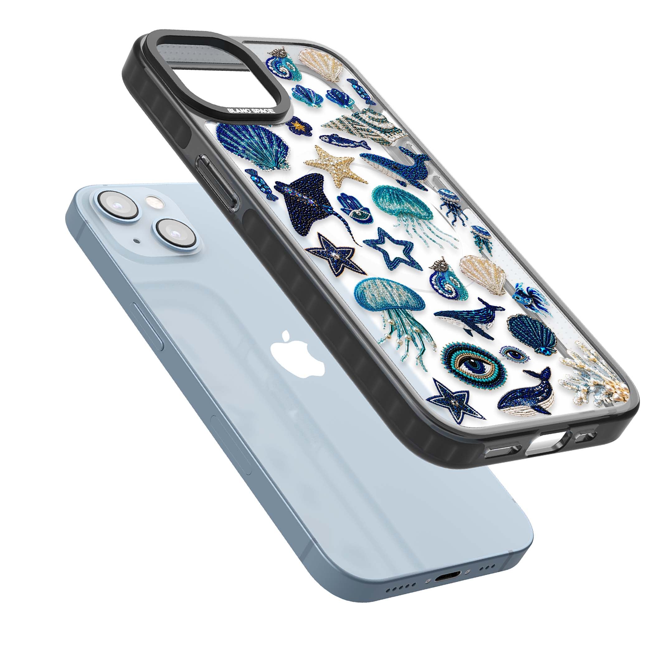 Beaded Coastal coastal iPhone case featuring embroidered seashells, jellyfish and a blue whale on clear | Black Impact Magsafe case for iPhone 13, iPhone 14, iPhone 15