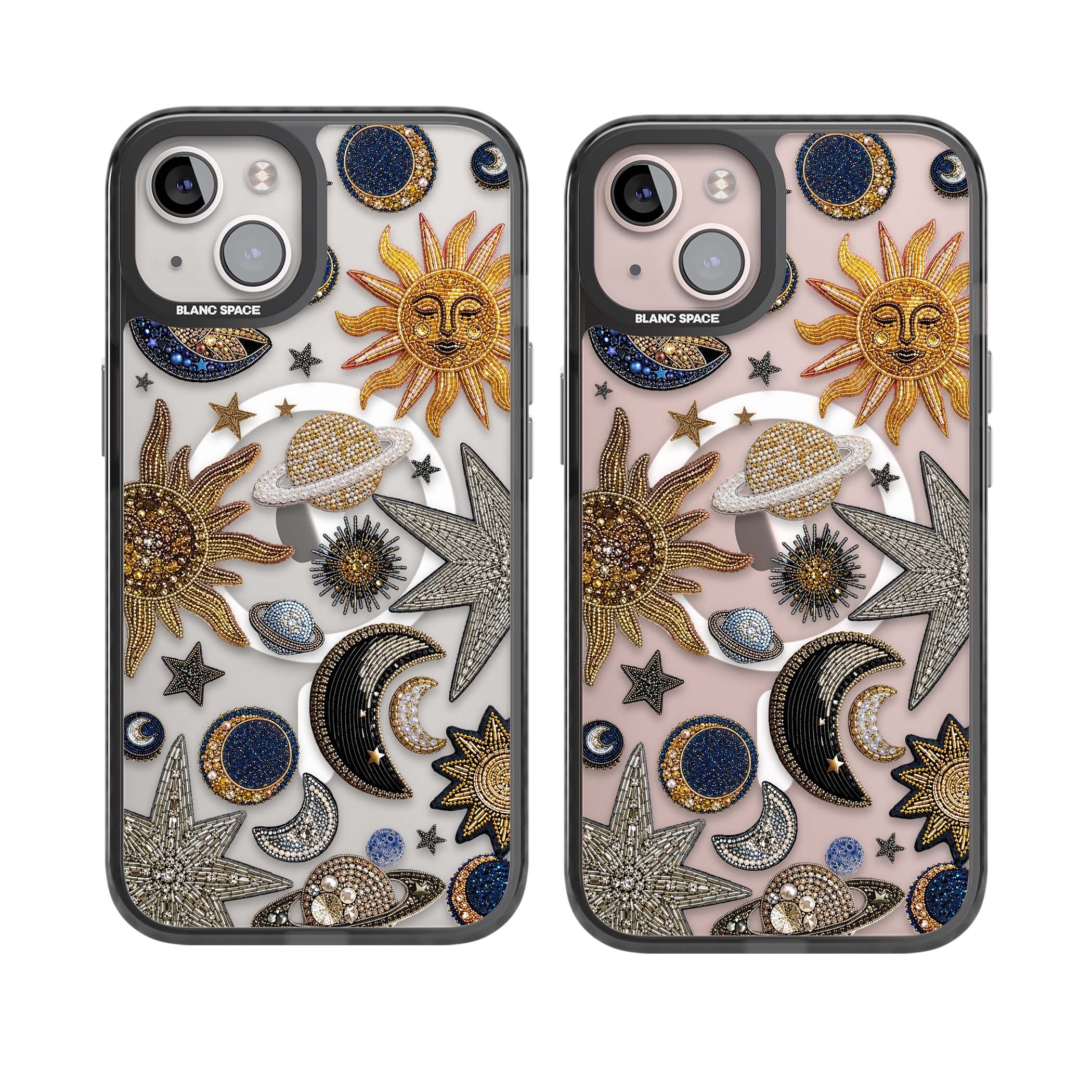 Beaded Cosmos celestial iPhone case featuring embroidered golden suns, beaded planets and silver shooting stars | Black Impact Magsafe case for iPhone 13, iPhone 14, iPhone 15