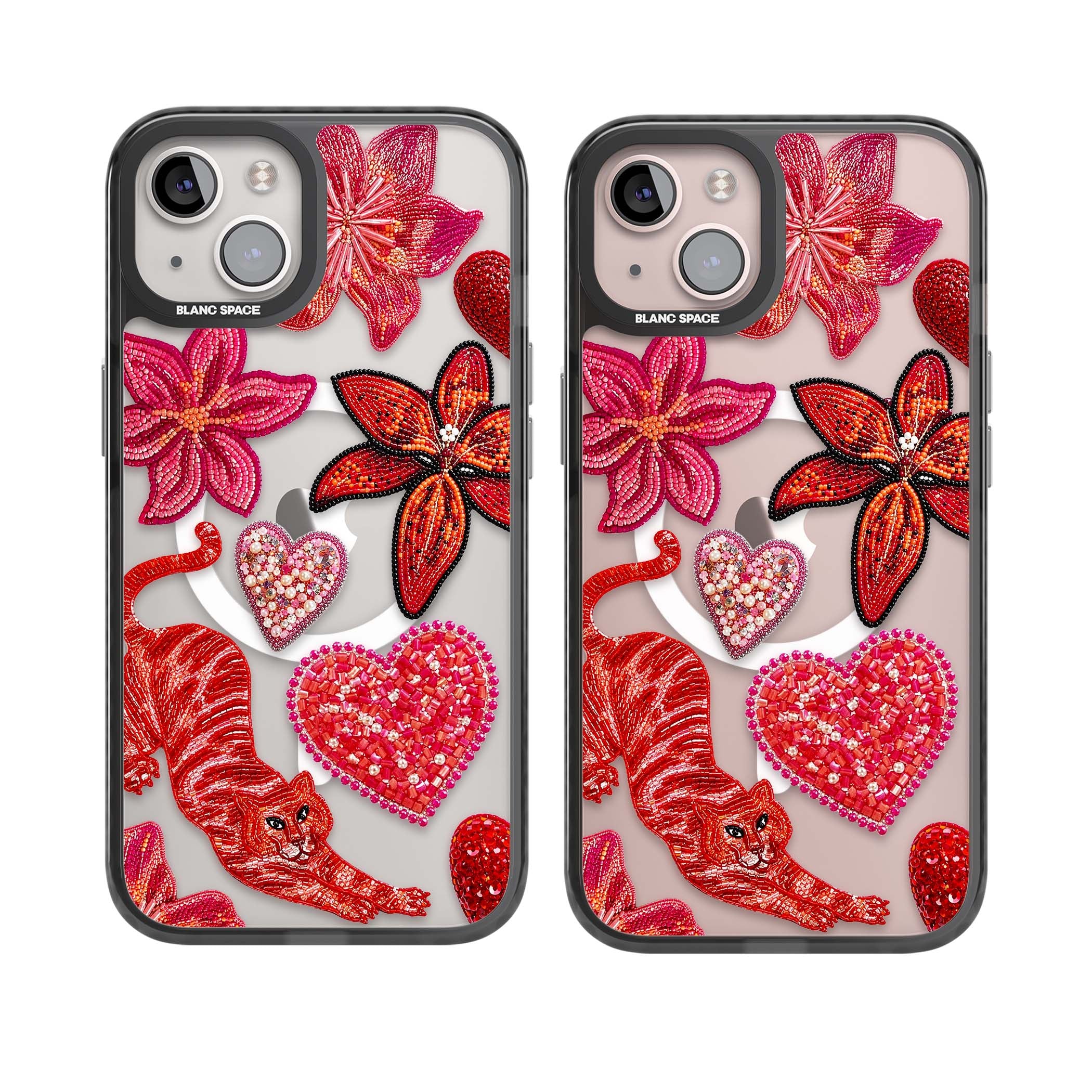 Beaded Boho floral iPhone case featuring beaded red lilies, a stitched tiger, and pearl-encrusted hearts on clear | Black Impact Magsafe case for iPhone 13, iPhone 14, iPhone 15