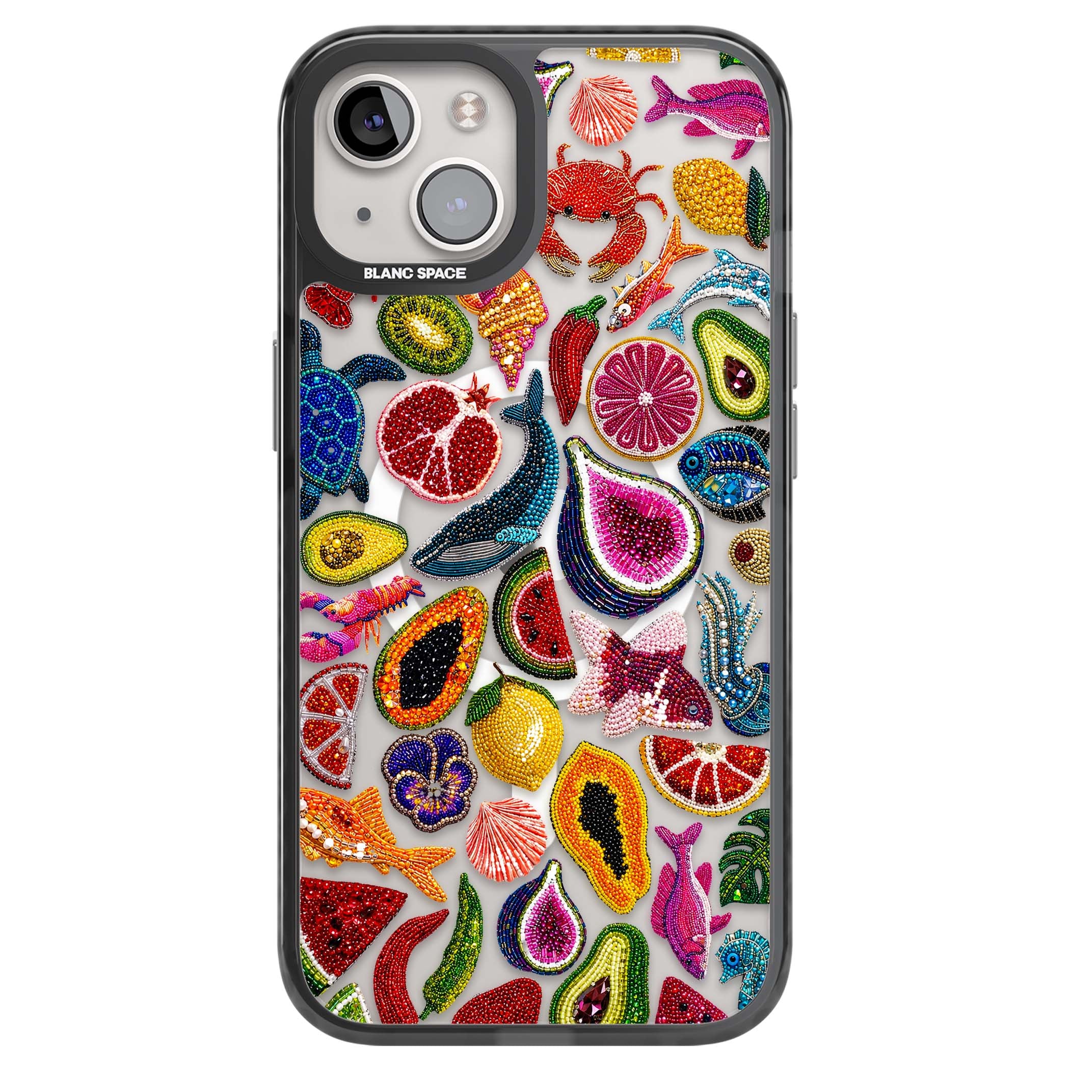 Beaded Tropic tropical iPhone case featuring beaded fruit, fish, crabs and seashells in vibrant colour | Black Impact Magsafe case for iPhone 13, iPhone 14, iPhone 15