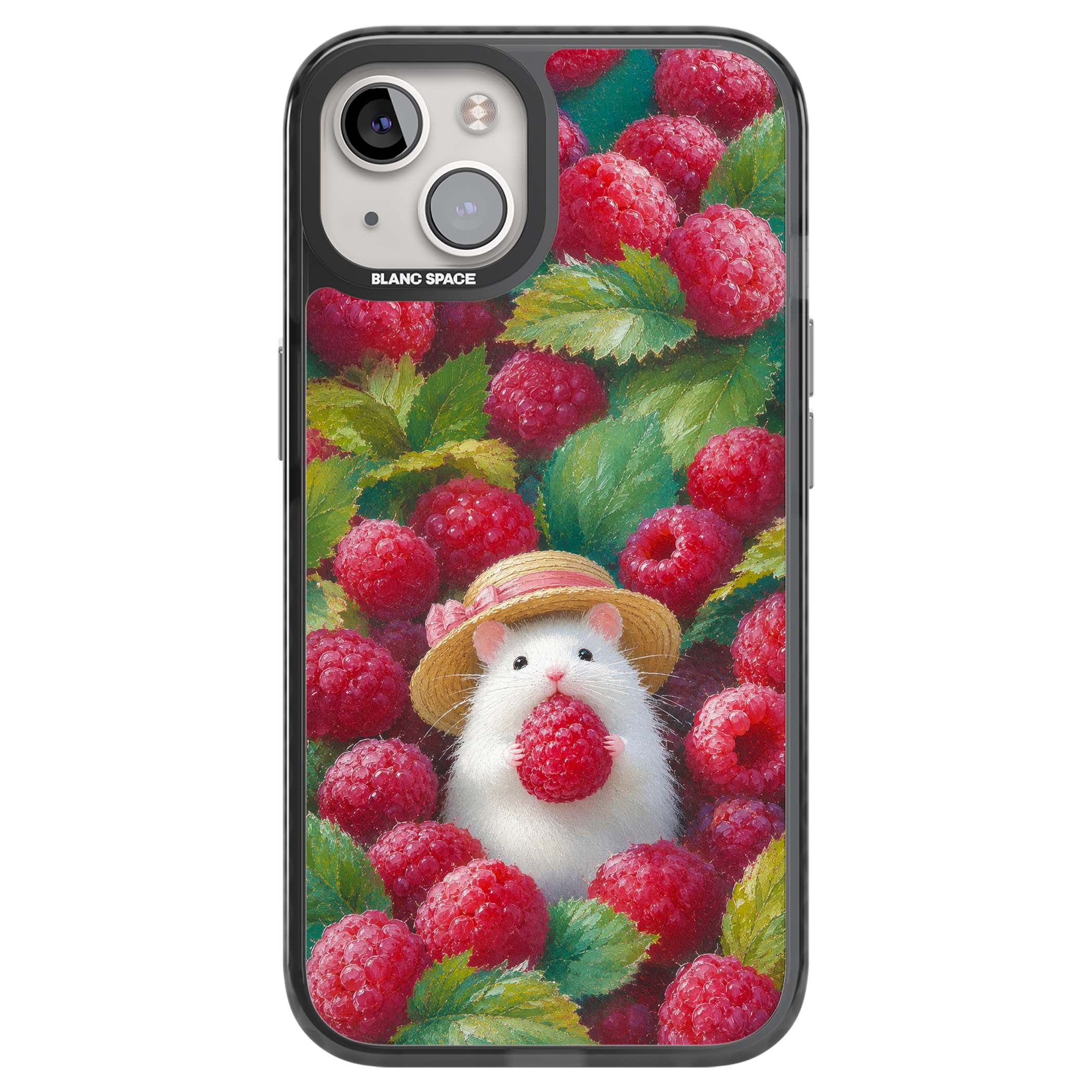 Berry Forager cottagecore iPhone case featuring a white hamster in a straw hat holding a raspberry surrounded by ripe ber | Black Impact Magsafe case for iPhone 13, iPhone 14, iPhone 15
