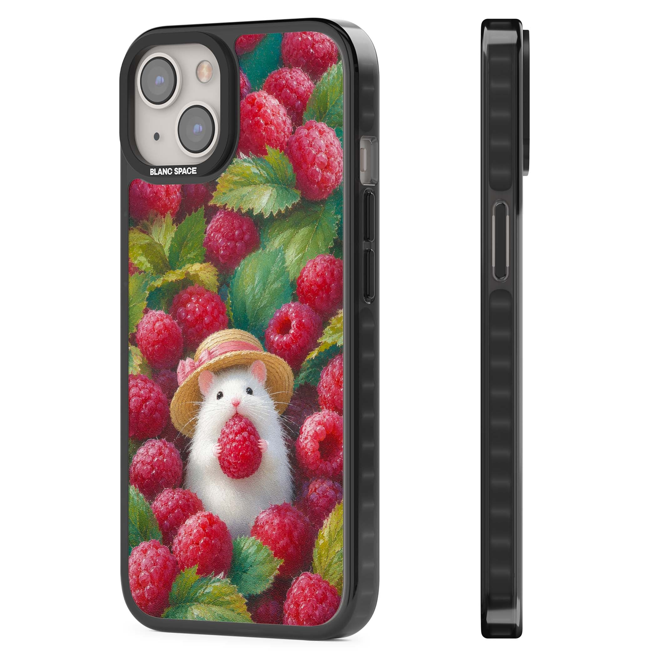 Berry Forager cottagecore iPhone case featuring a white hamster in a straw hat holding a raspberry surrounded by ripe ber | Black Impact Magsafe case for iPhone 13, iPhone 14, iPhone 15
