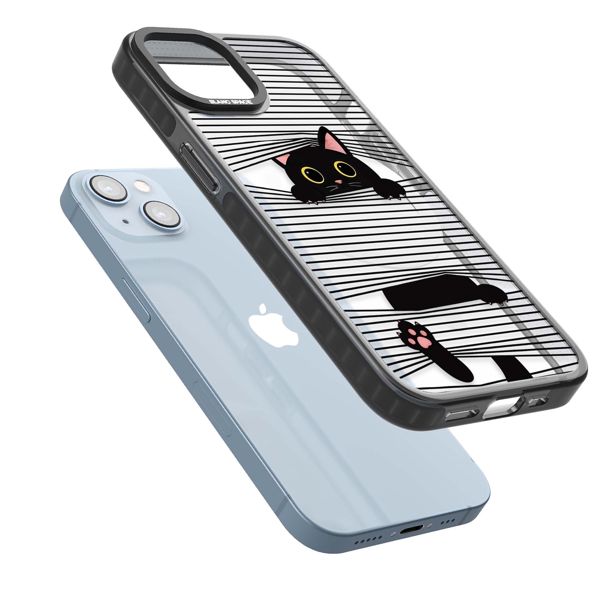 Peek-a-Boo Cat minimal iPhone case featuring black cat peeking through horizontal black and white stripes | Black Impact Magsafe case for iPhone 13, iPhone 14, iPhone 15