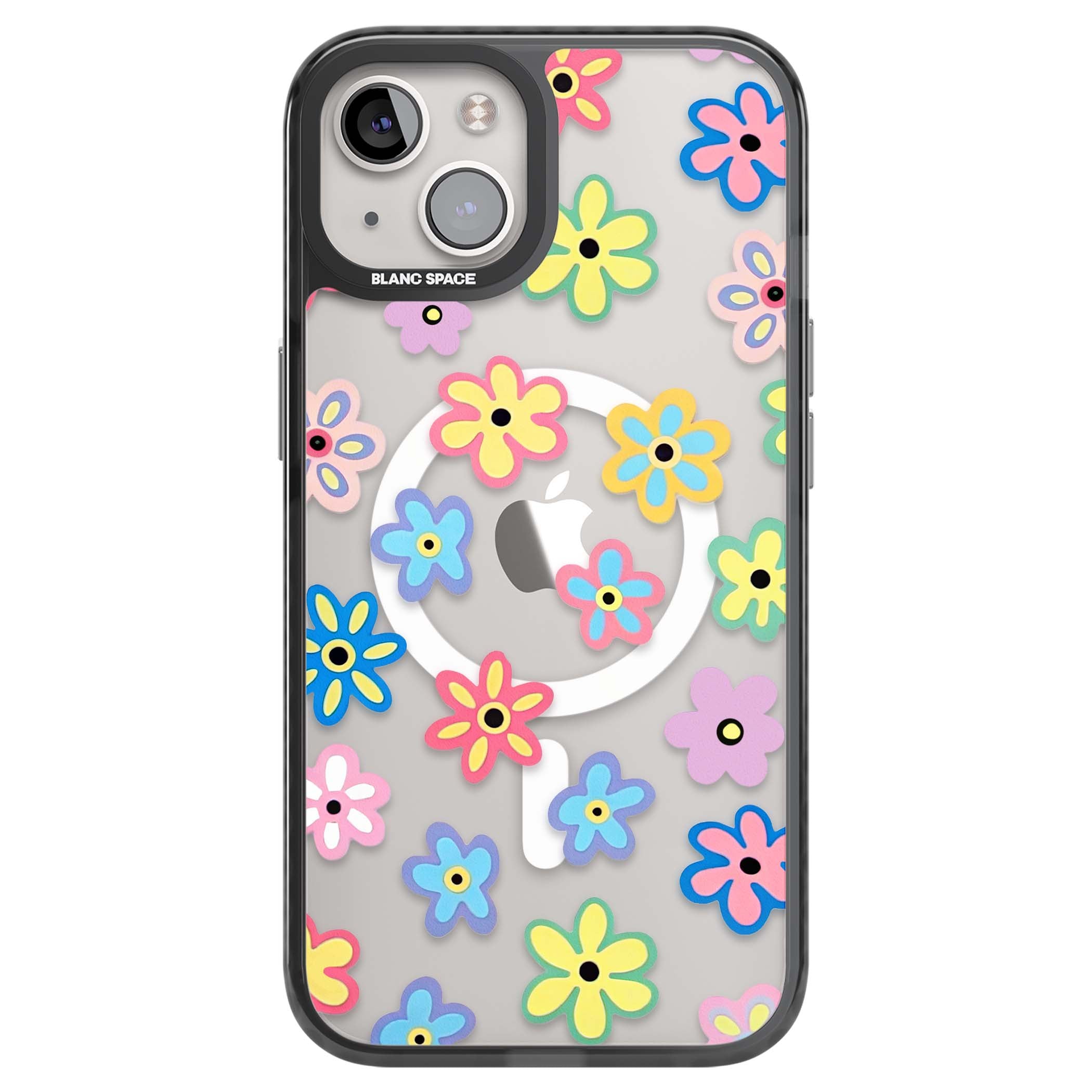 Bloom Pop cottagecore iPhone case featuring multicolor pastel flowers with black centers on clear background | Black Impact Magsafe case for iPhone 13, iPhone 14, iPhone 15