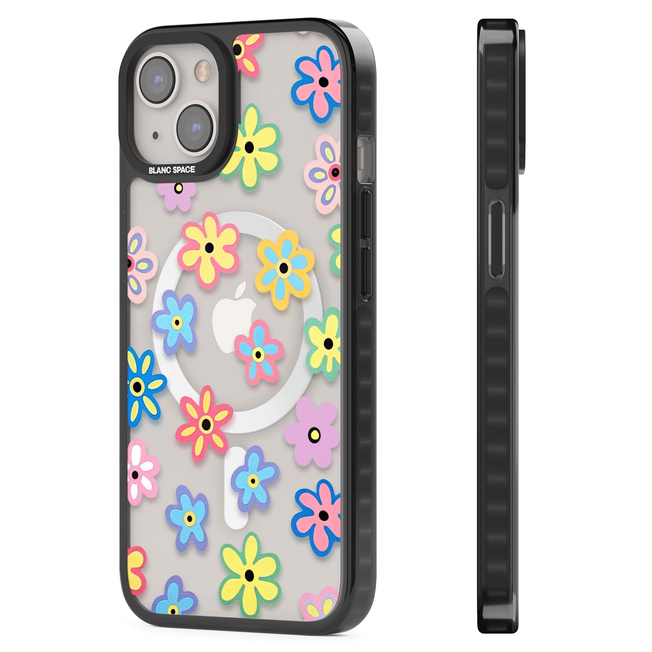 Bloom Pop cottagecore iPhone case featuring multicolor pastel flowers with black centers on clear background | Black Impact Magsafe case for iPhone 13, iPhone 14, iPhone 15